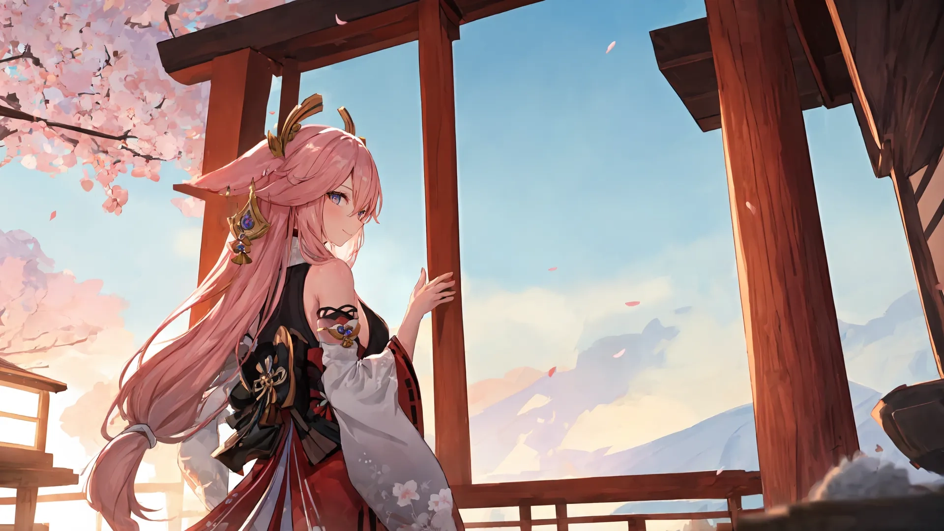 an anime style women in elaborate clothes and a pink hair stands outside with tall windows behind her and looking outside the panes of the sky in
