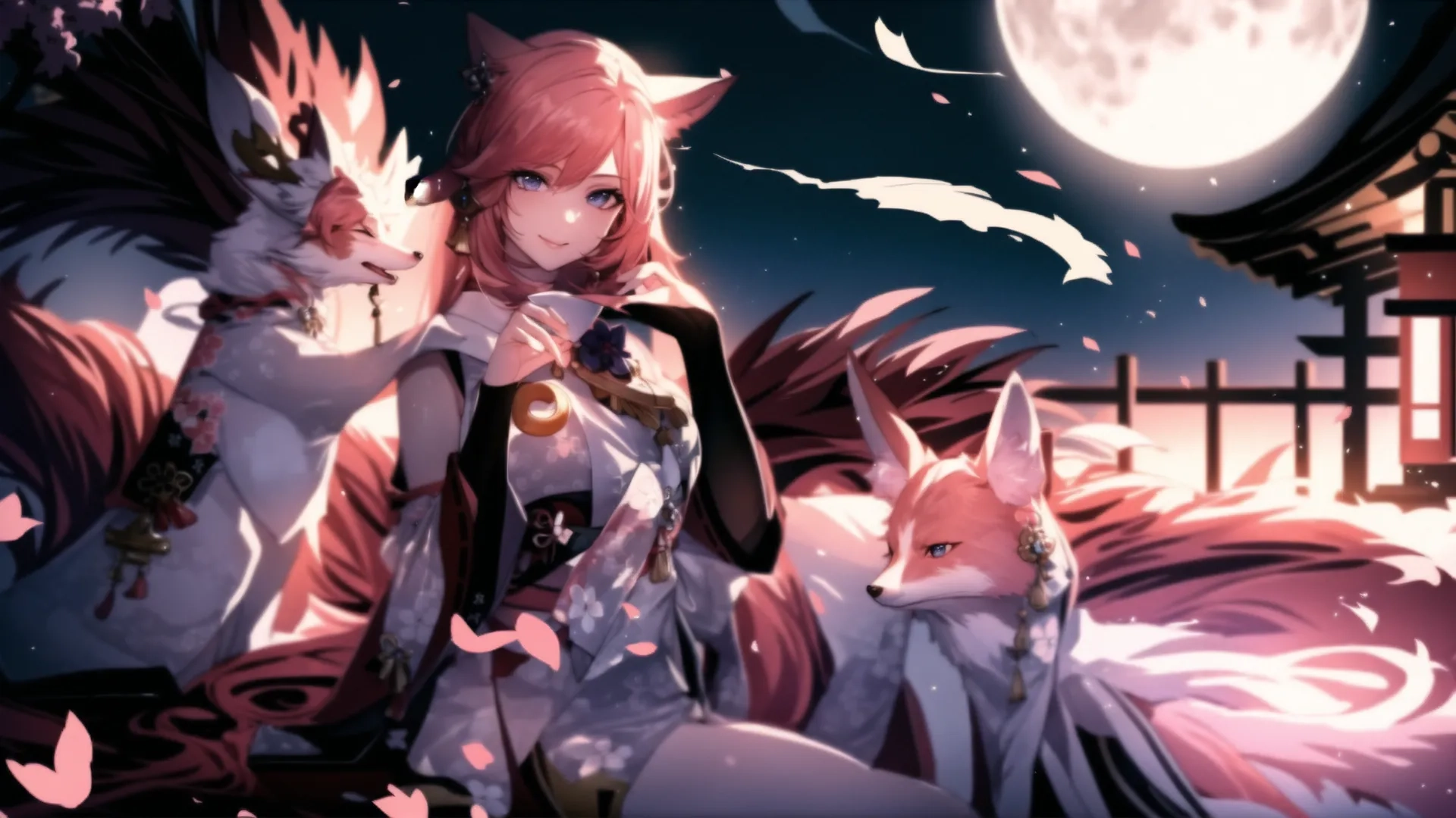 a woman in a white and pink dress poses with two foxes and cat dolls on a field of blossom petals at night with the moon in the background
