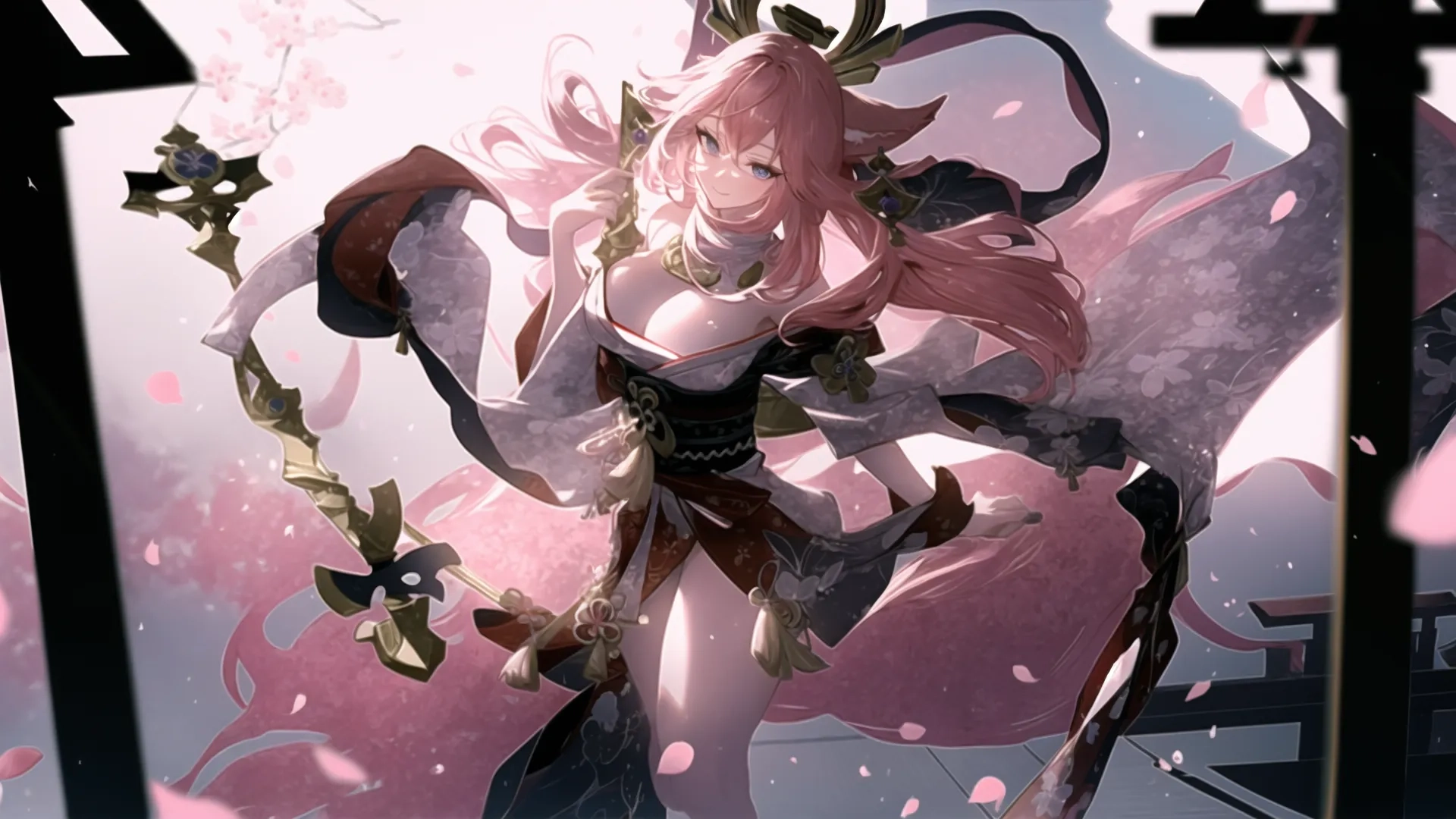 a girl on an iron platform with lots of stuff inside her hands and a sword in her hand under the covers and there is falling petals in the air
