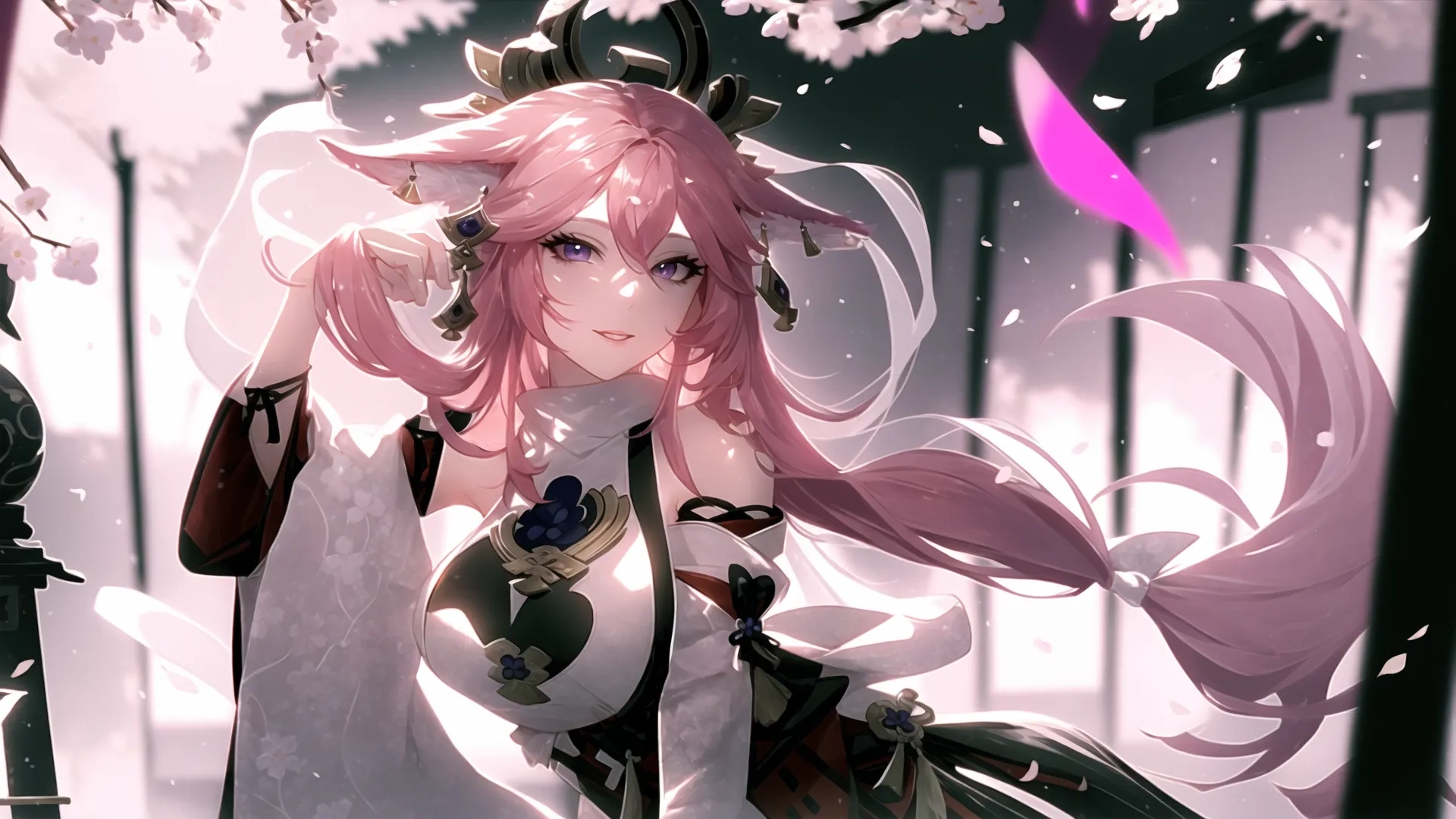 a very pretty lady with pink hair and glasses wearing a dress and holding a small knife and a large sword on her back holding a pink umbrella
