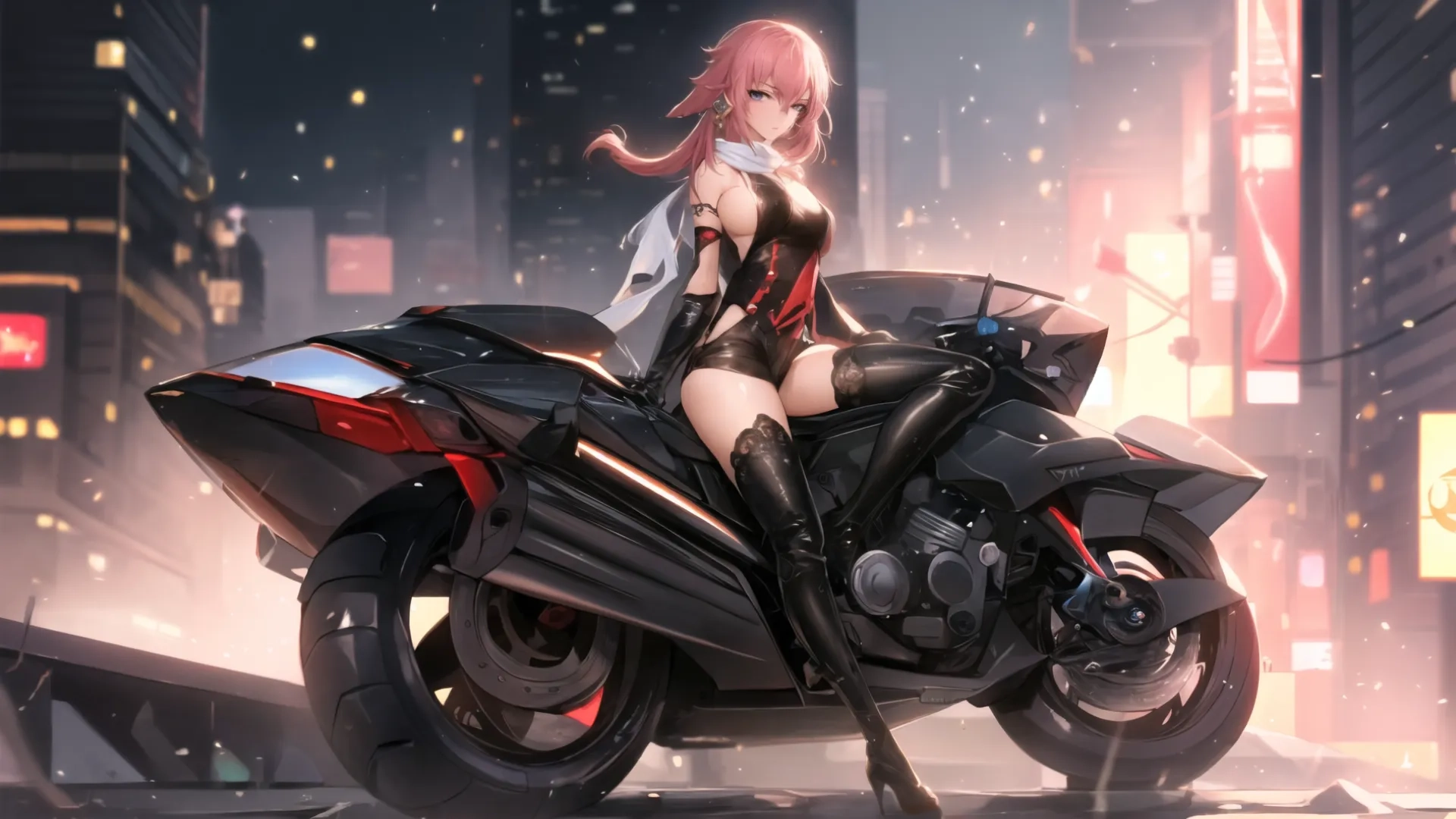 an anime character sits on top of a modern motorcycle in a city at night time, with skyscrapers in the background - some of red lights appear dark
