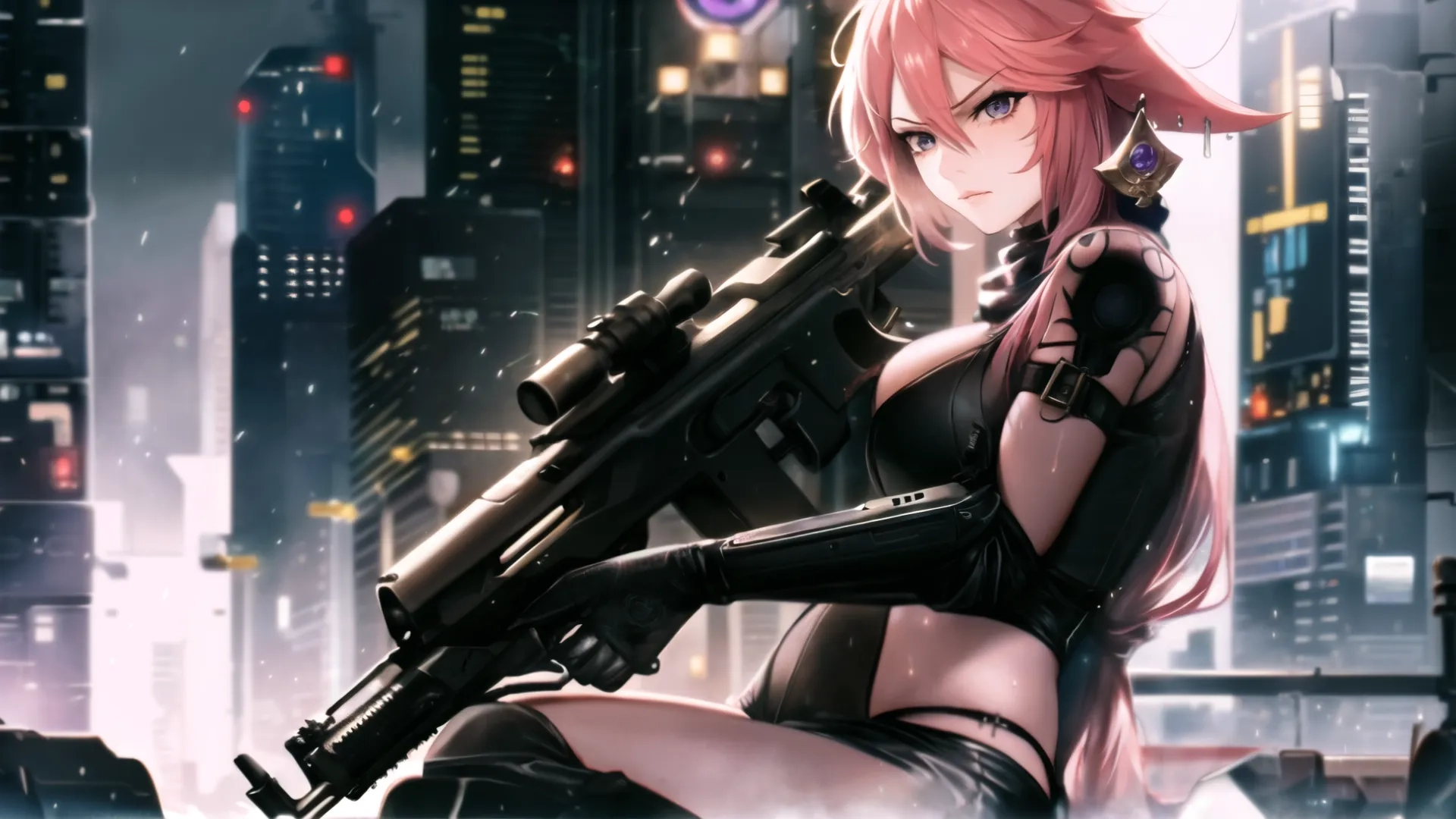 the woman with the handgun is posing for a picture in the city at night time, overweighted by buildings and traffic lights while holding her rifle
