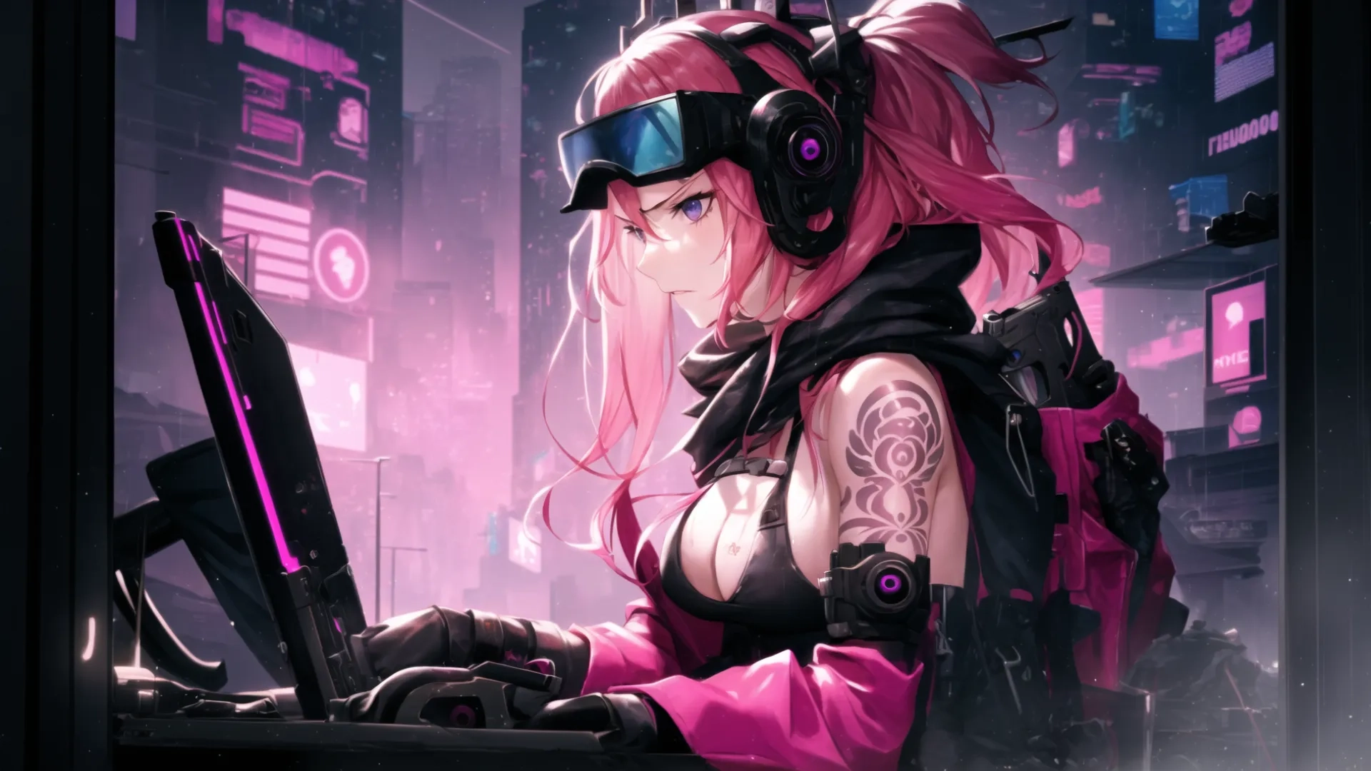 anime style artwork with female user looking out over street in cyber - age city with neon lights and cyber weapons behind her computer screen, headphones
