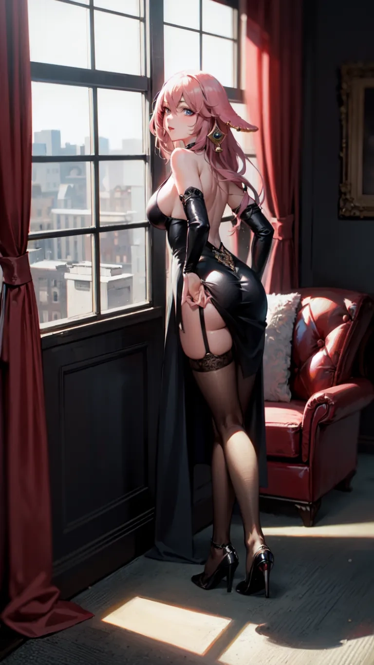 a girl with very big breasts wearing sexy stockings and thigh high heels, poses in an open room with curtains pulled out to a city view outside
