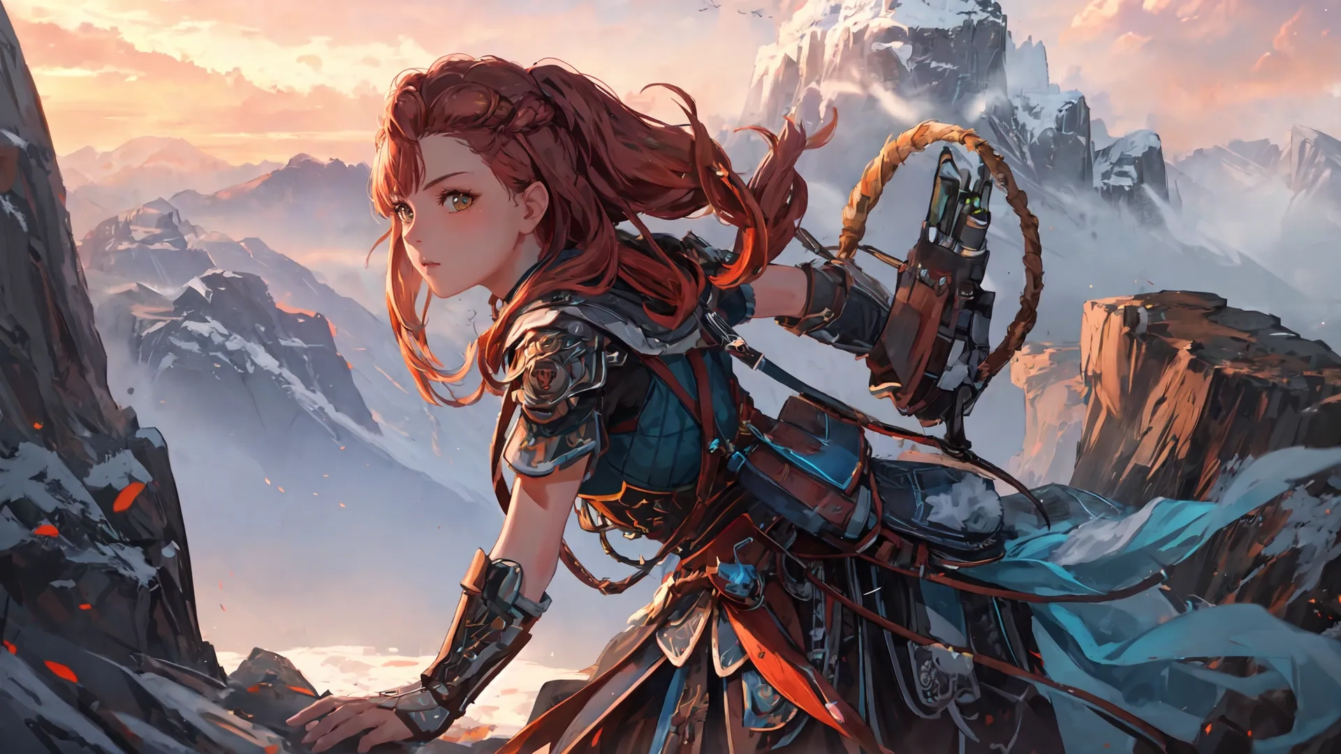 a red - headed woman with an armor and sword on her arm walks along a snow covered mountain pass wearing full gear, a cloudy sky and orange colored sunset
