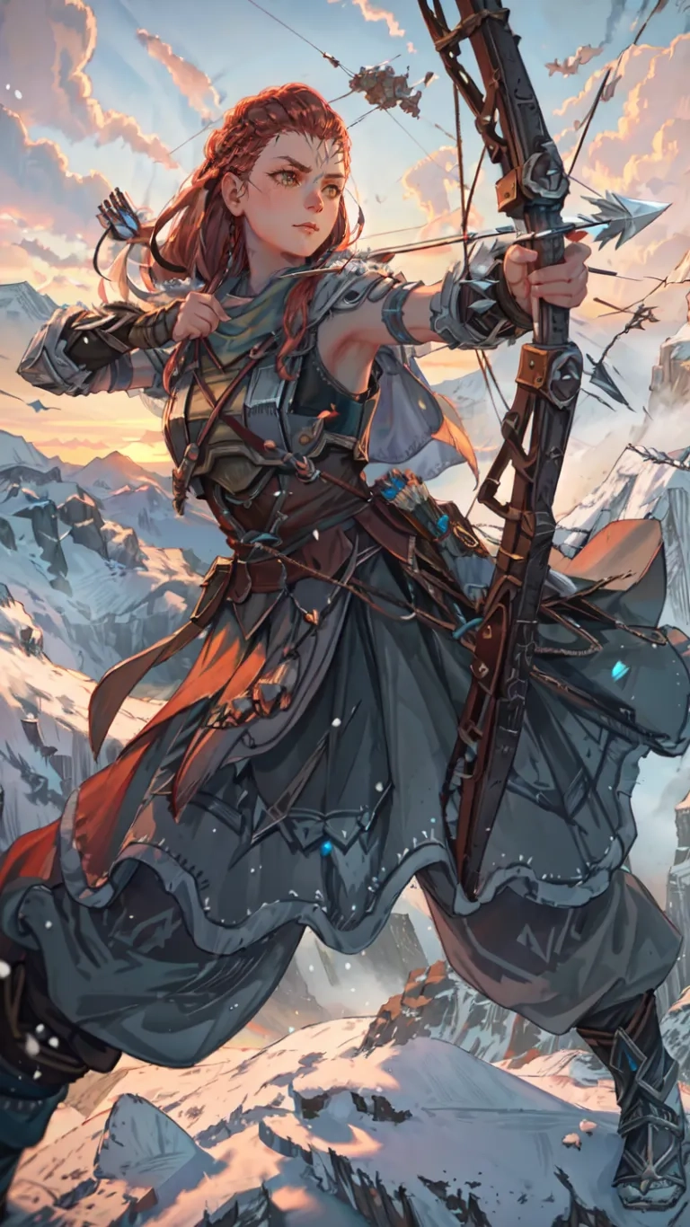 an image of a girl with a bow and arrows in snow land above mountains near sunset and clouds, holding a bow and knife while being lifted high up

