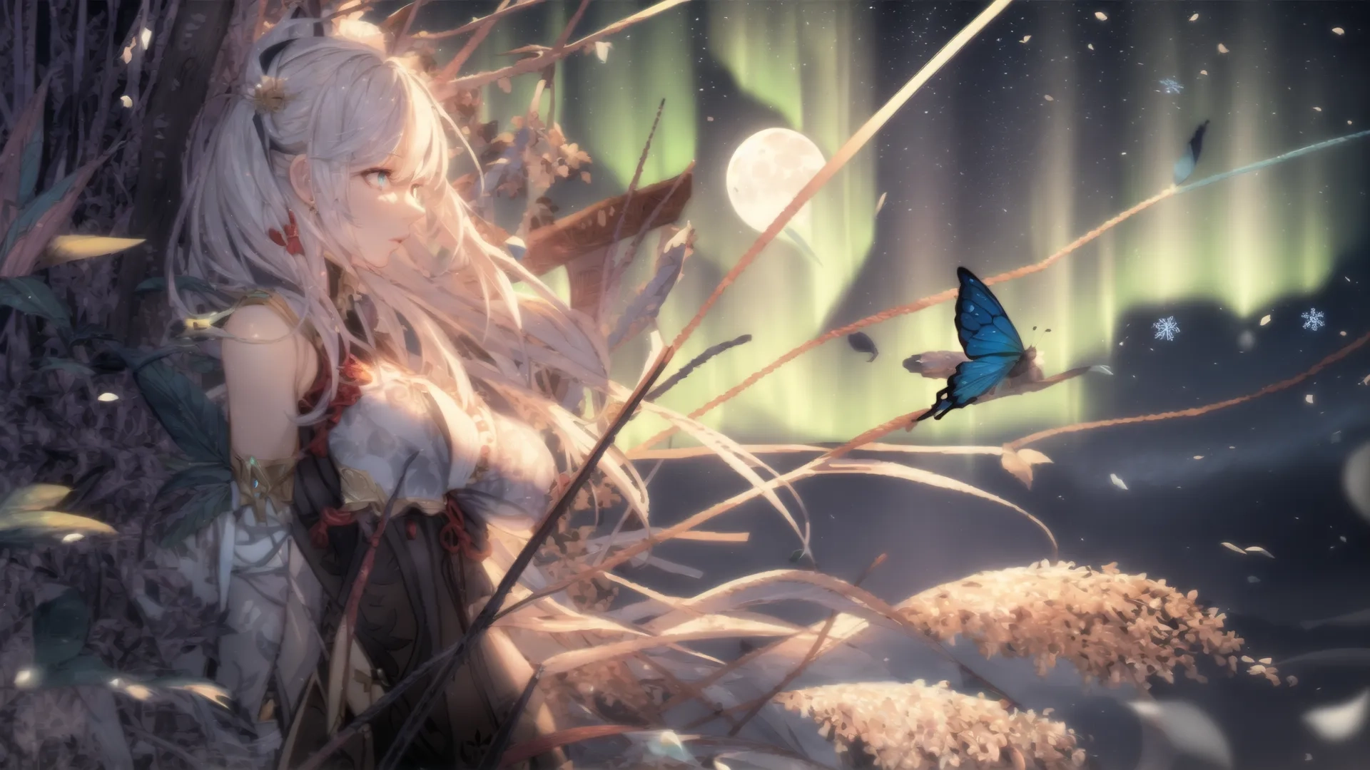 this beautiful blonde with blue hair is holding a butterfly in her hand and she is standing on some grass near the water of stars flying through the night
