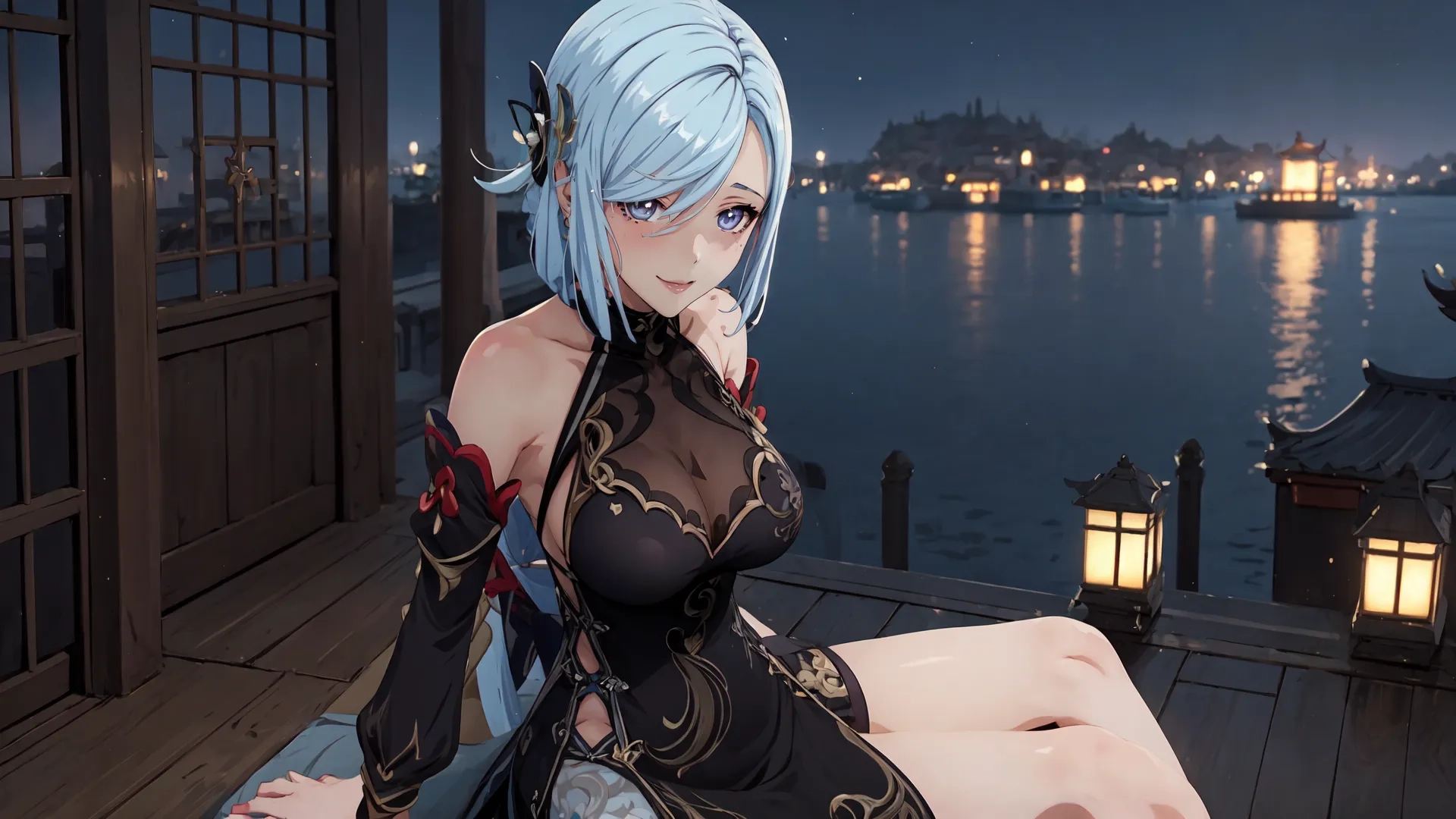 anime like girl sitting on platform with blue hair and boots on, looking into distance near lake at night time by wooden docks with lanterns and city
