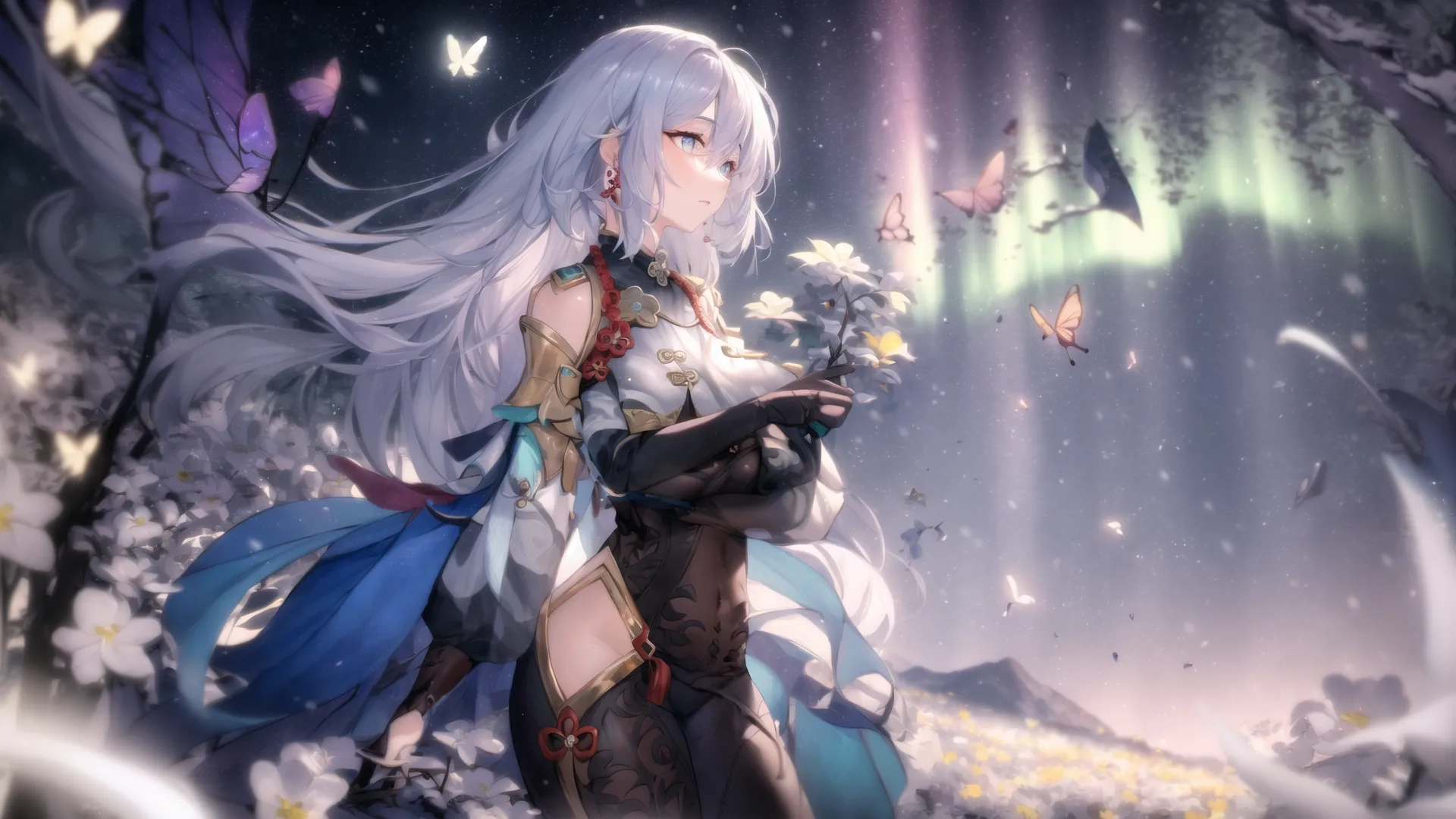 an anime character with long white hair on a horse near flowers and birds in the snow, on top of a mountain landscape with trees and hills
