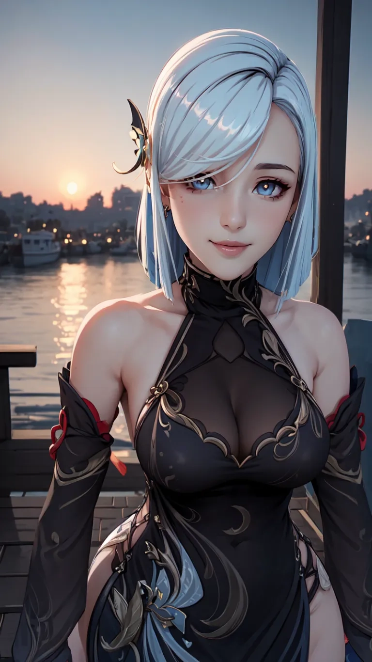 an anime character posing near some water with some sky hair and a city skyline in the background and a person holding hands over her shoulder, and arm and leg,
