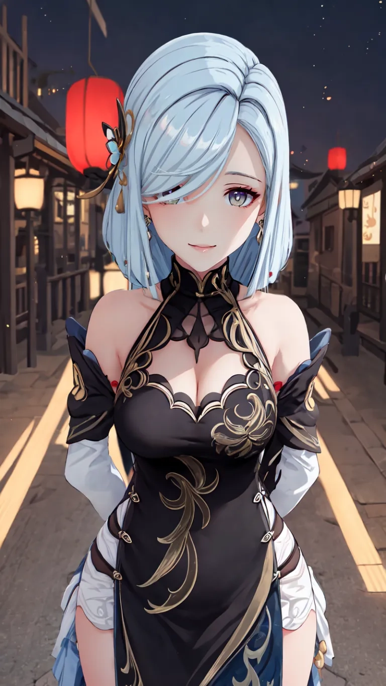 a lady with some pretty blue hair and black clothes in an alleyway, wearing a black dress and short skirt and black headpieces with black accessories
