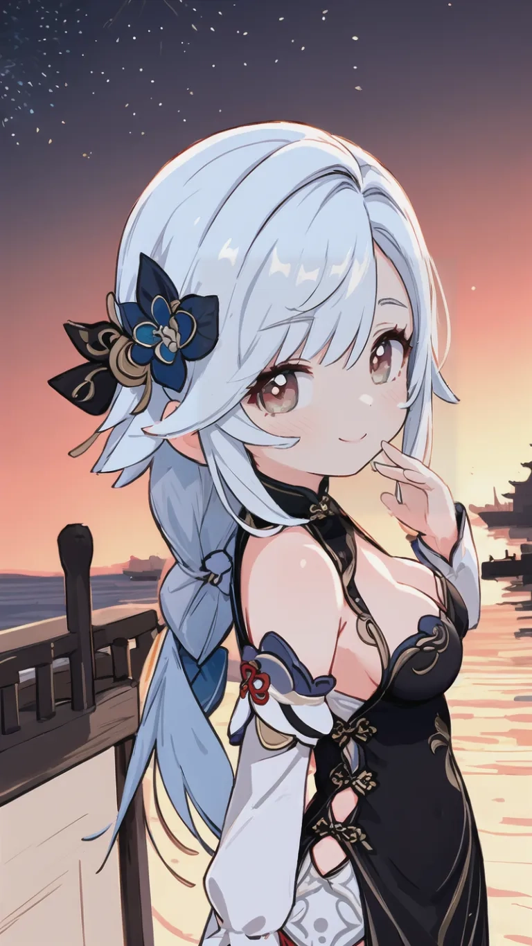 an anime character with a very long white hair and blue dress on the shore near a body of water at night, looking down towards seafront
