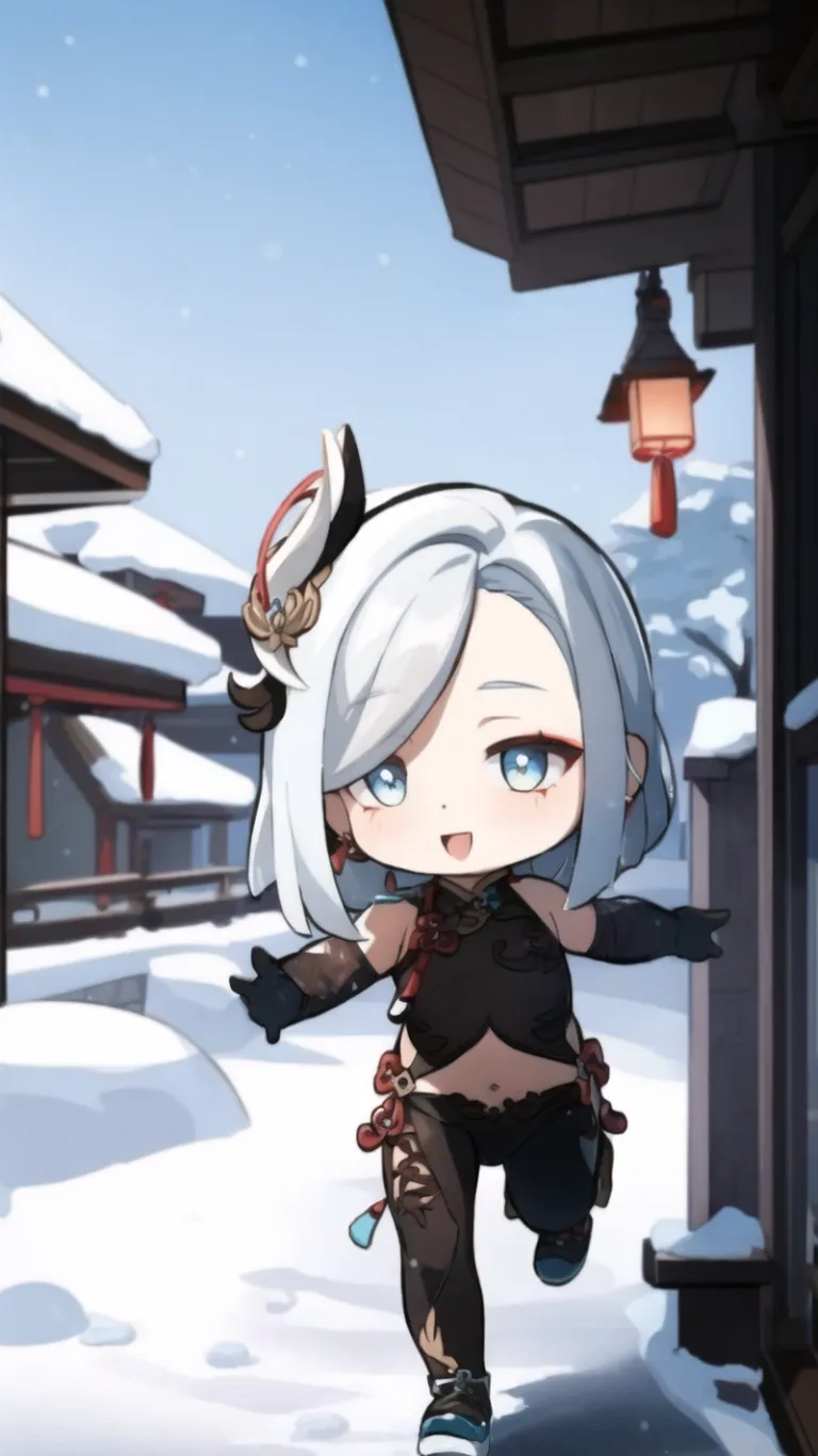 a anime girl is running in the snow while holding a sword and a cat headpiece on her shoulder outside a building that features lots of windows, and snow
