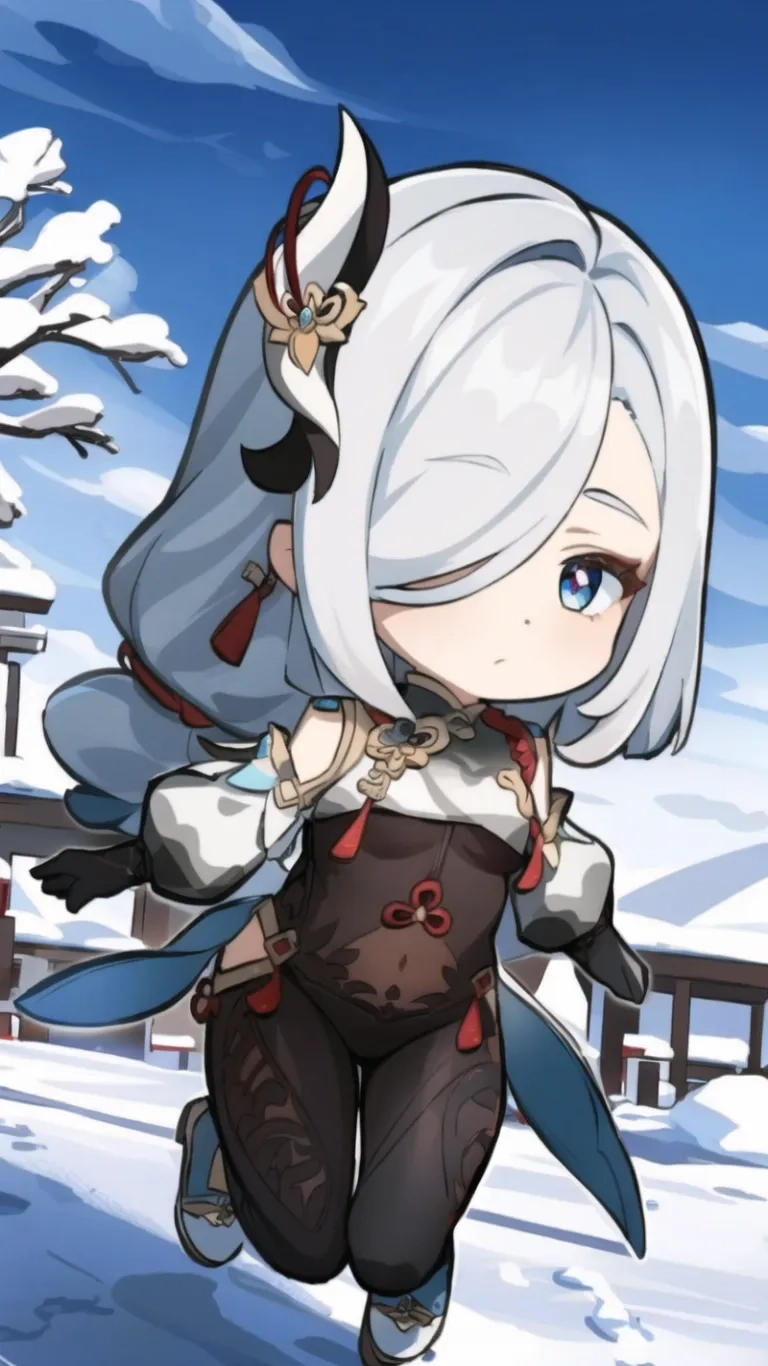 cartoon anime character with gun in hand walking outside her house looking at snow capped trees and a building behind her and another character that is holding an axe
