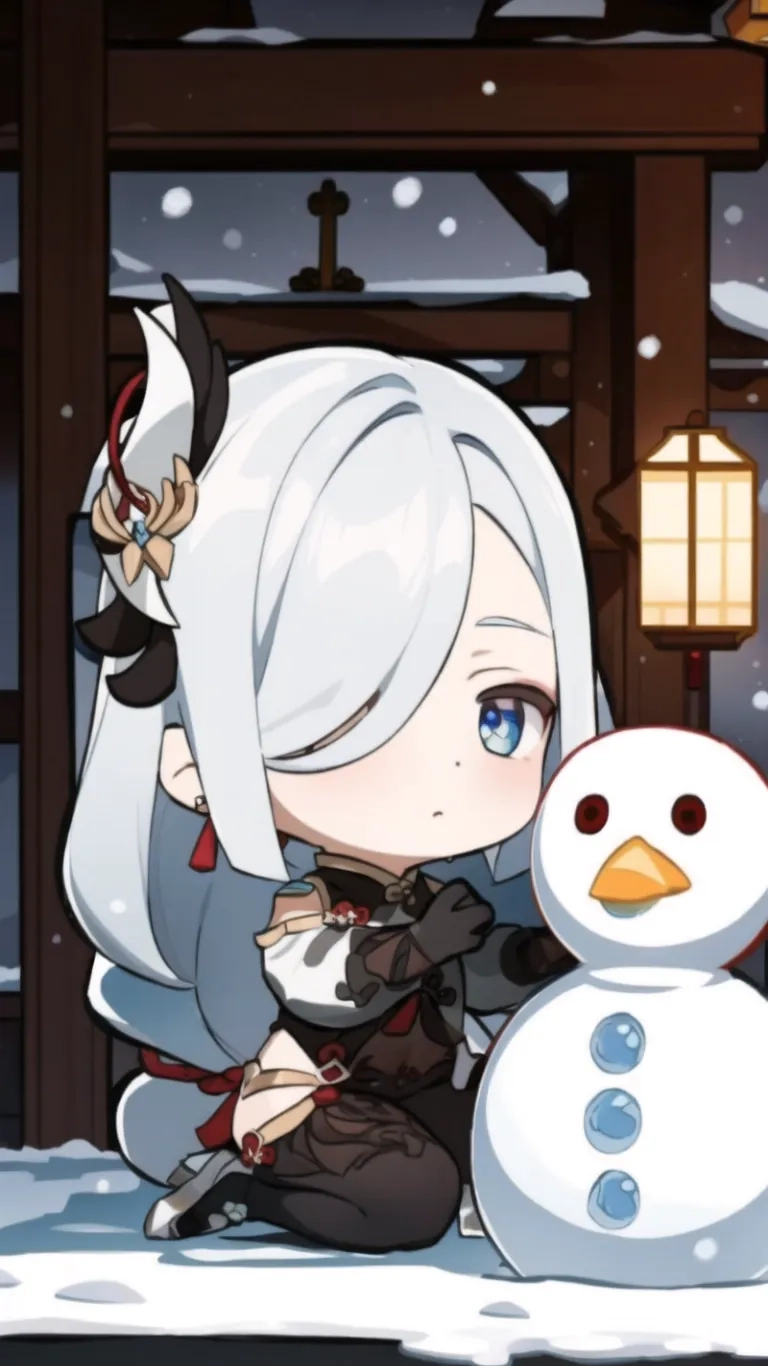 the anime character has white hair and is sitting next to a snowman in the snow with blue eyes and tail curled out, behind her white and holding a sword
