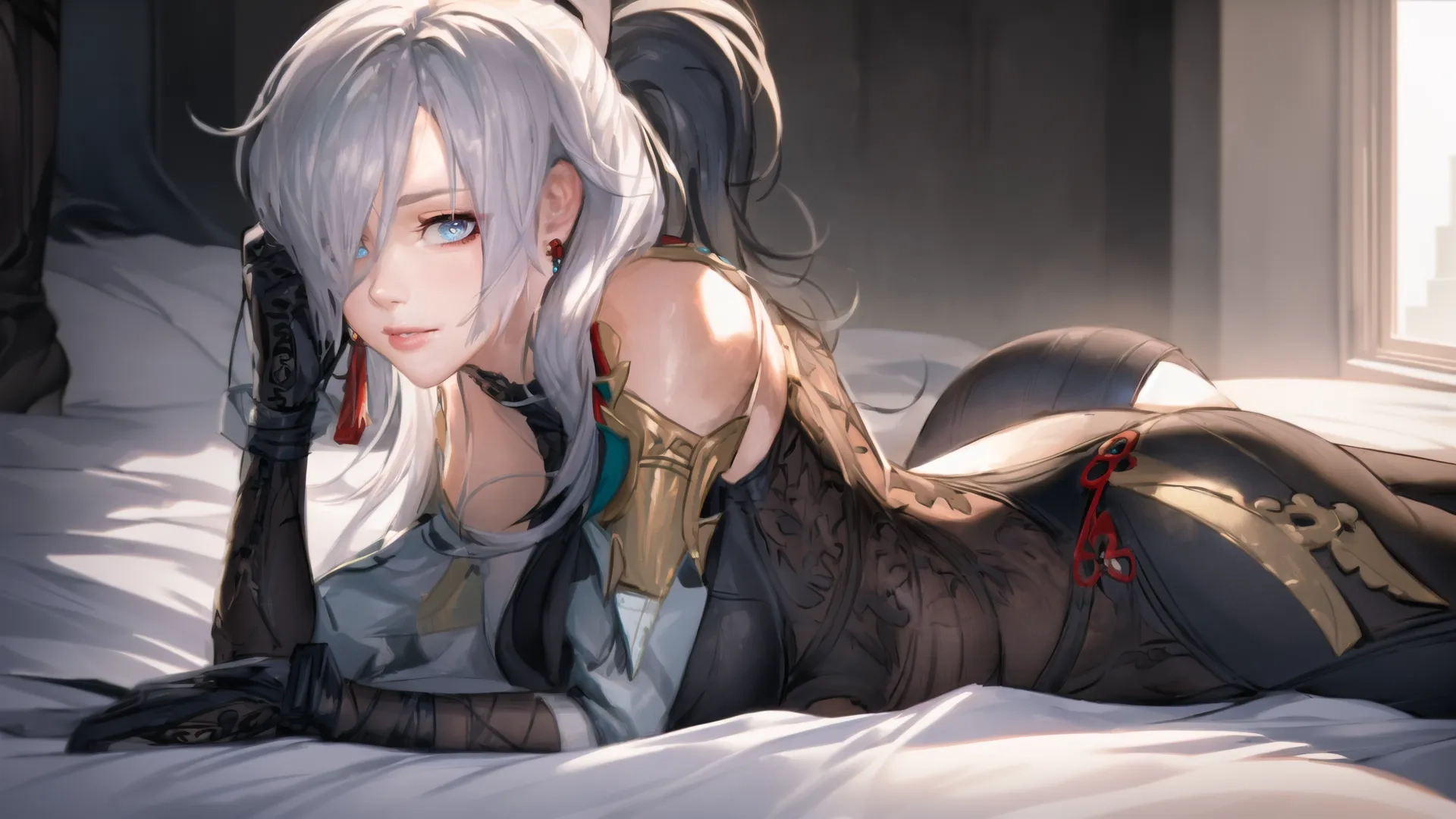 a female character is wearing sexy clothes on a bed at dusk, and looks off to the side while laying down with her eyes closed in a big eyes
