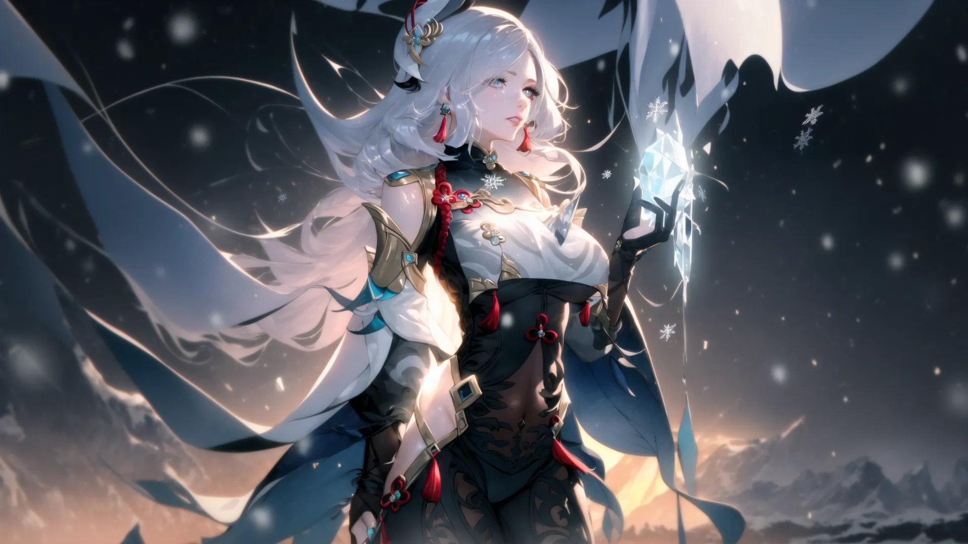 a woman that is standing in the snow holding a sword and some lights behind her and she wears a cape and holding a black hair piece of blue and white dress
