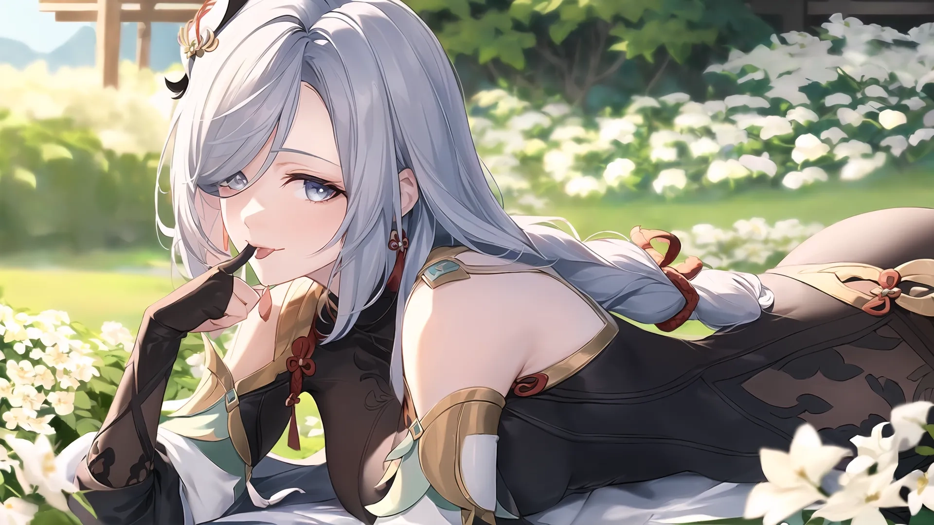 an anime with gray hair laying on the grass by some flowers on it the girl is leaning towards the camera, and she has her arm on its chin resting to her knee
