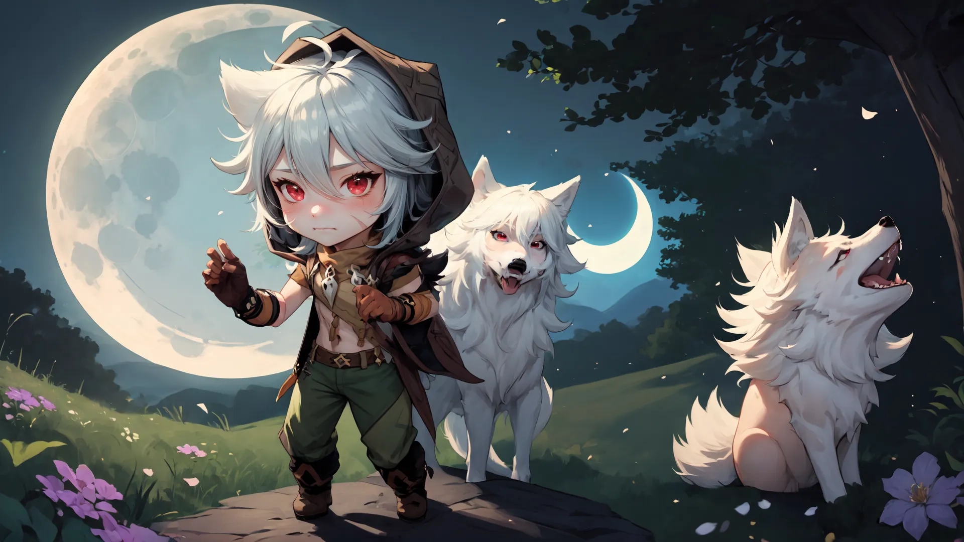 a young boy and two white dogs standing in front of a full moon with the words god is not here written on them to describe it'd
