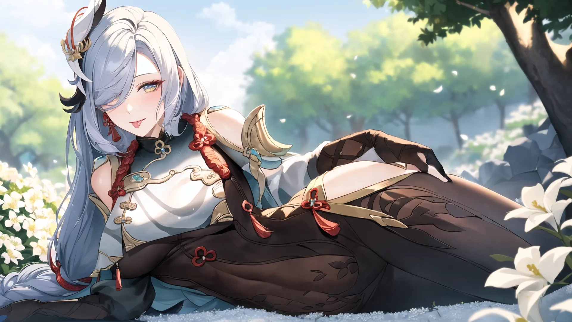 a female white haired character laying in the snow with long black ears, and a pair of earrings, on her feet while wearing pants there is long black shoes

