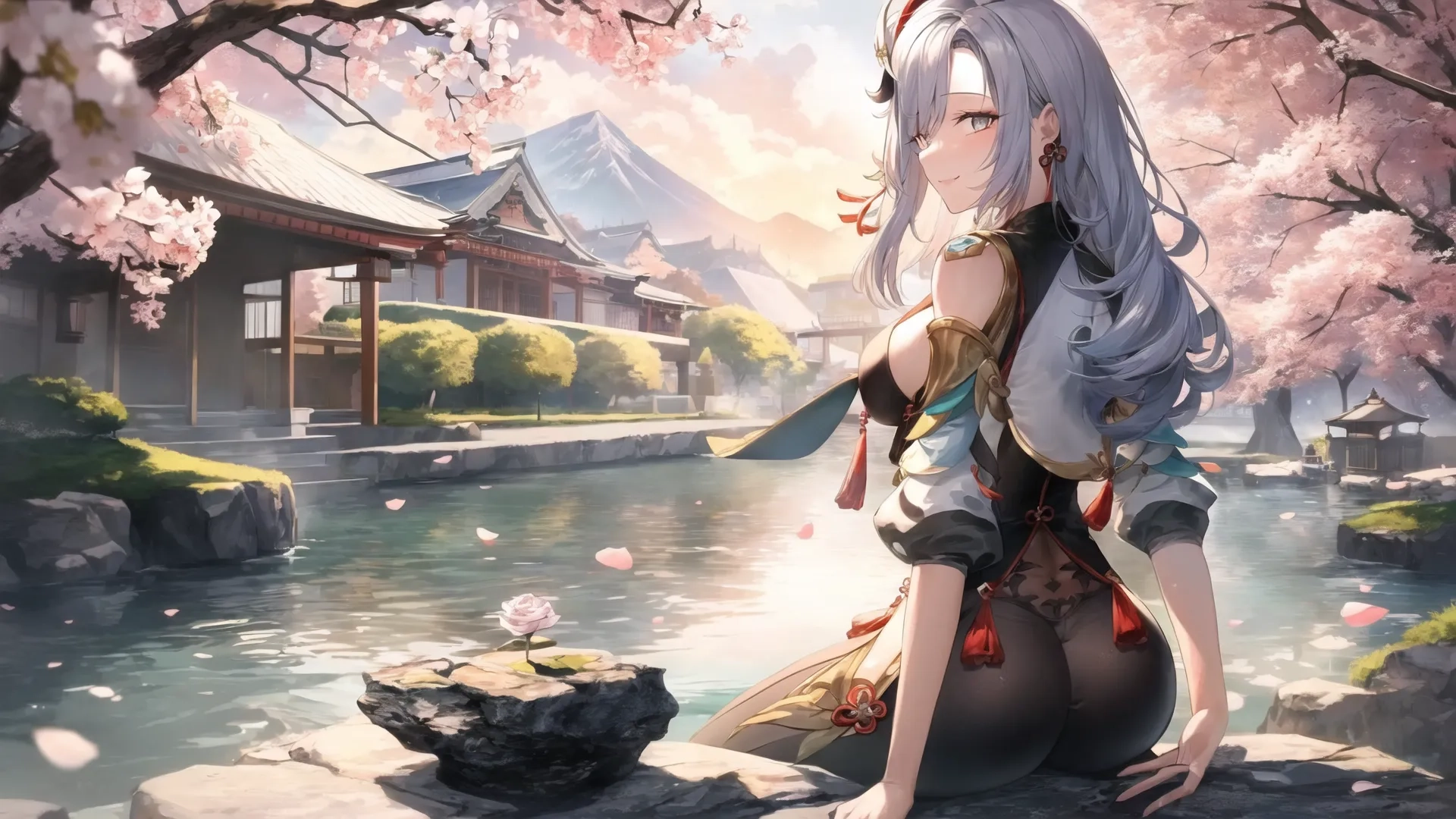 woman in black dress sitting next to a pond and trees in blossom trees with flowers behind her, wearing a gray and white long hair, long - haired ponytail
