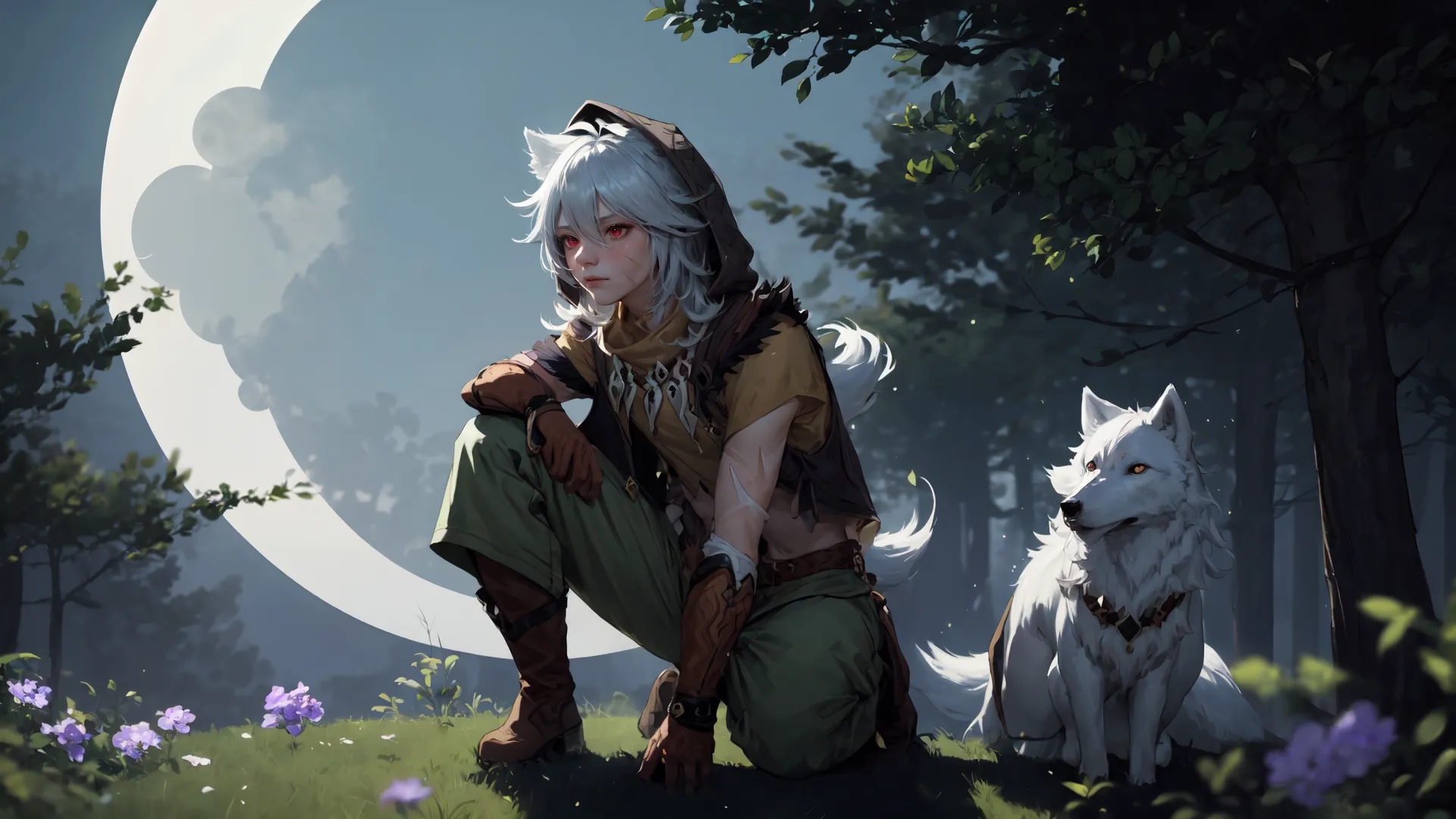 two foxes sitting next to each other looking at the moon, with a woman in green clothing crouch on the ground next to them and two small grey dogs sitting beside
