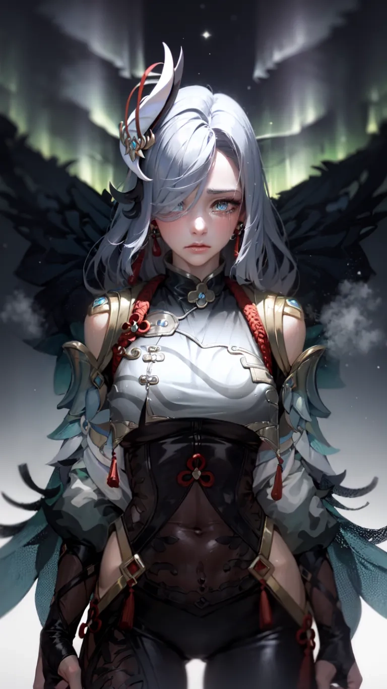 an art piece of the female angel of dark souls in front of some sort of lights and clouds with wings above her head to the right of her
