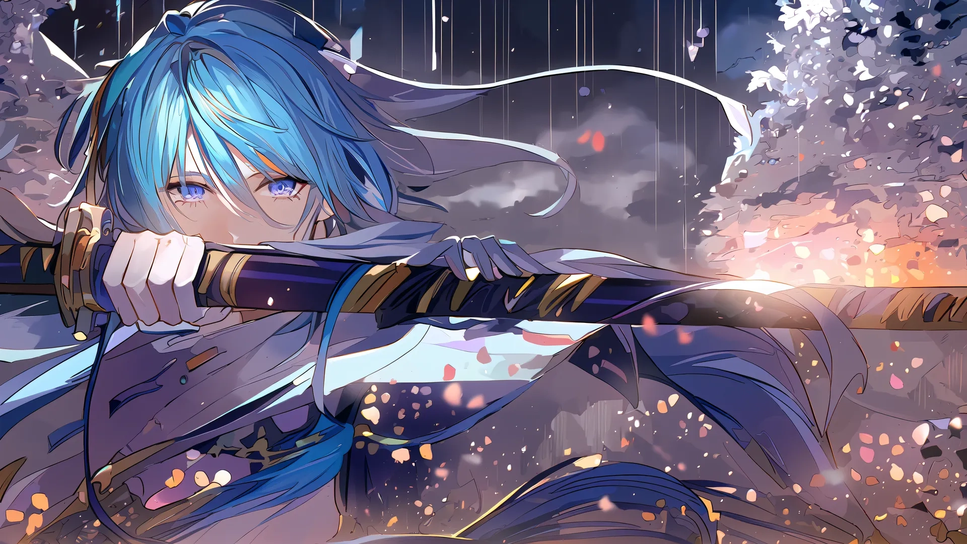 the woman is dressed in blue, holding two swords and with a bunch of flowers behind her, behind her is a storm of clouds, the blue hair
