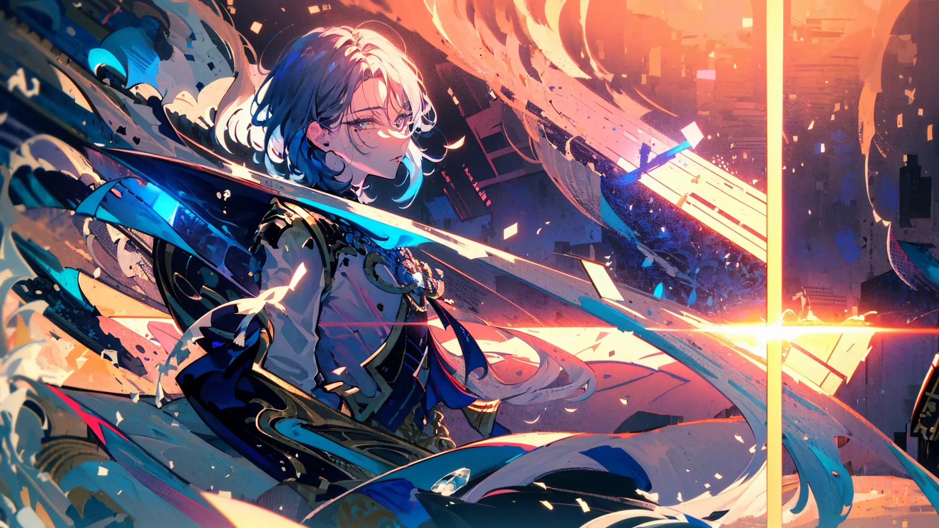 the cover of fatebreaker is in full color with a girl looking out the window at sunset behind her, behind her to shoulder is a broken swords
