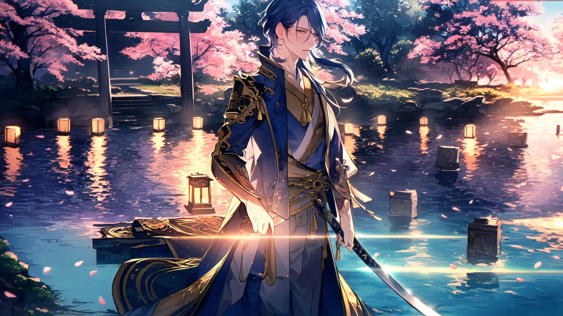 a male character standing in the middle of a lake with water near him in a long dress and sword dressed jacket under his left arm in front
