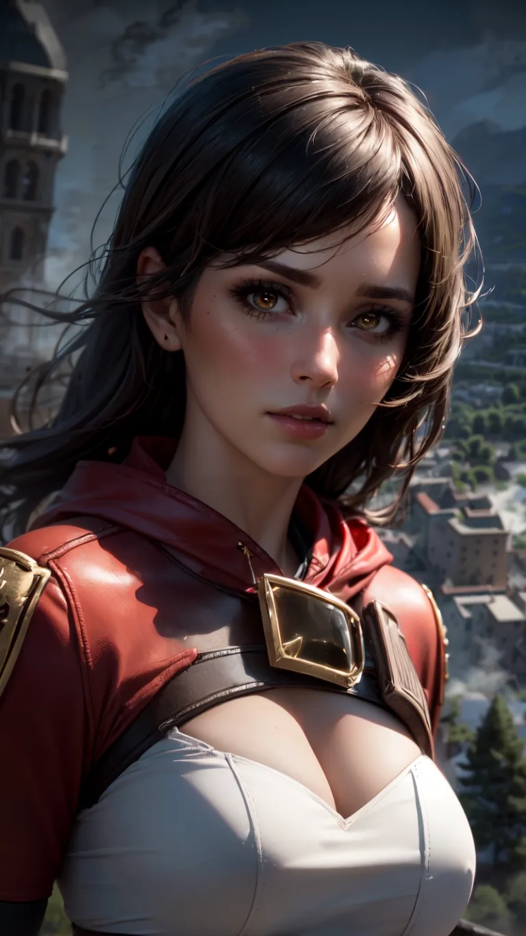 an avatar from castlevani is shown in this closeup shot of her chestless cleavage, and red dress top and vest dress are a bit
