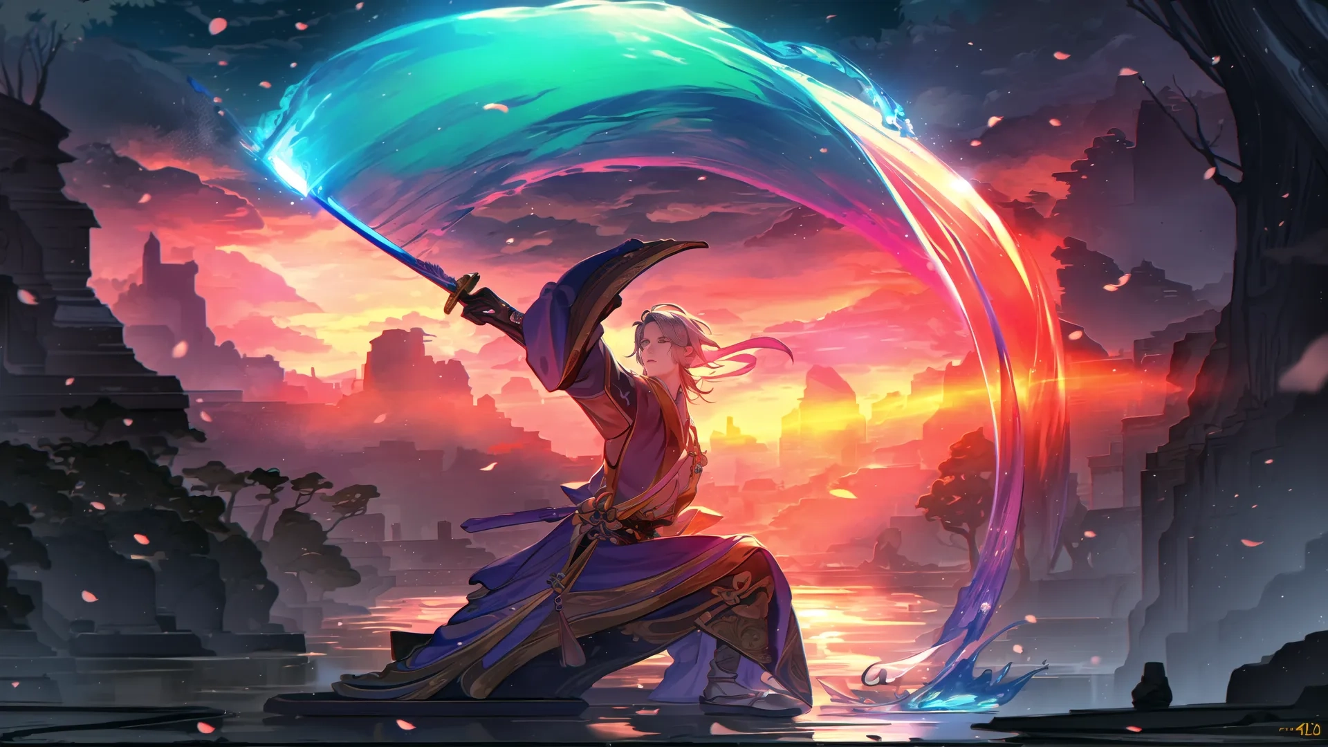 a guy with a sword about to get his own shot taken with a sunset background and a water way behind him all in anime, legend of fantasy image

