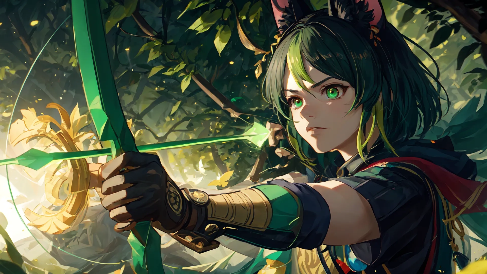 woman holding an arrow in a forest with sun beams coming through leaves on trees at the side of her face the sword is pointing to the bow
