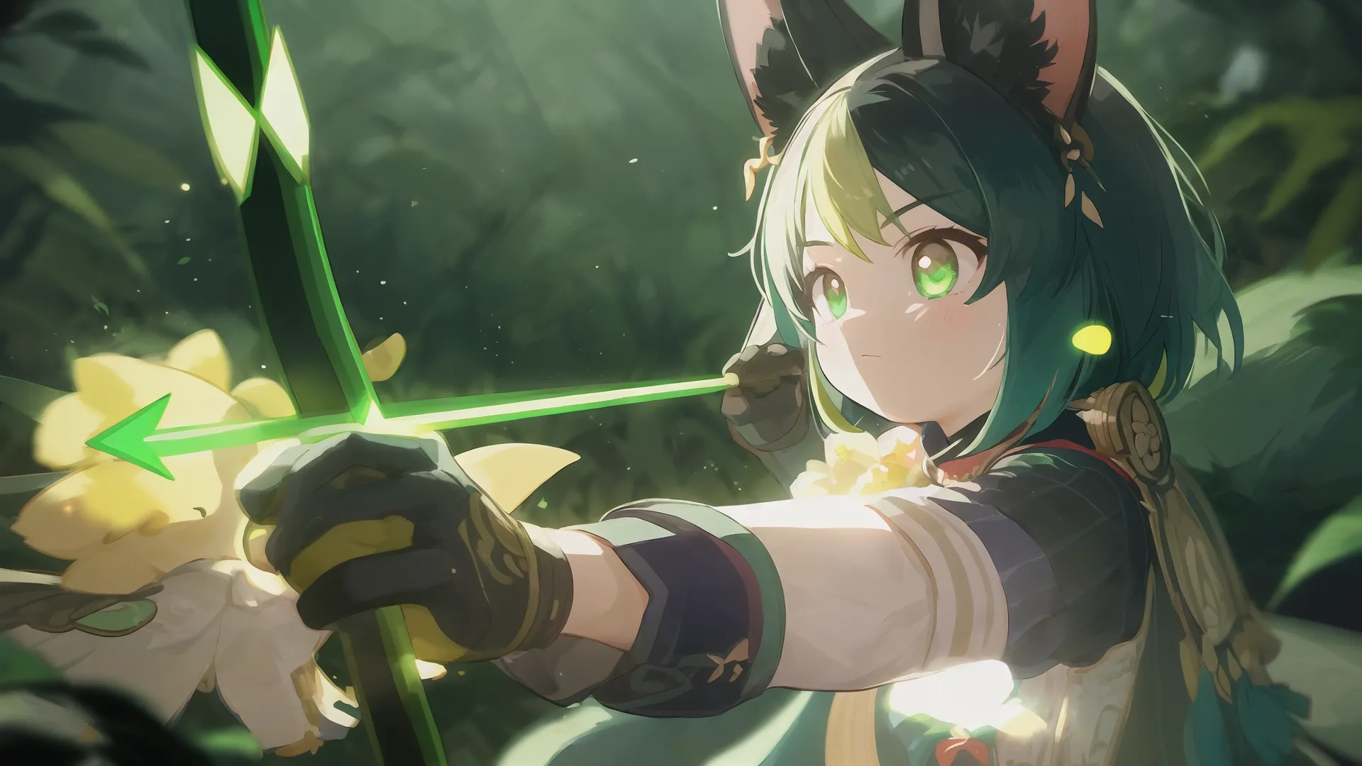 anime style girl with white hair is holding bows and arrows in the jungle with bright yellow flowers while holding her hands crossed up with her fore hand to the bow
