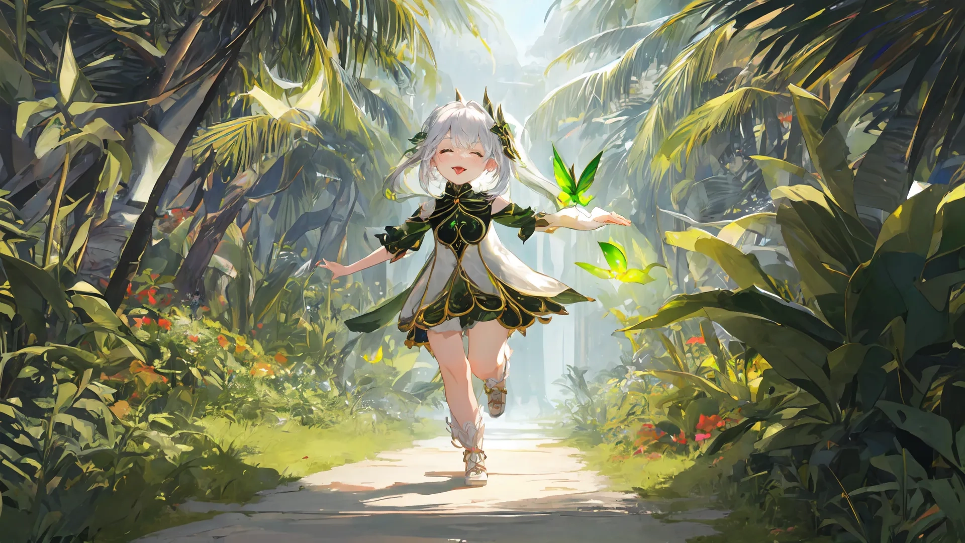 a girl running alongside a garden of palm trees with an umbrella and some leaves on her head in the woods in summer time, digital illustration digital art
