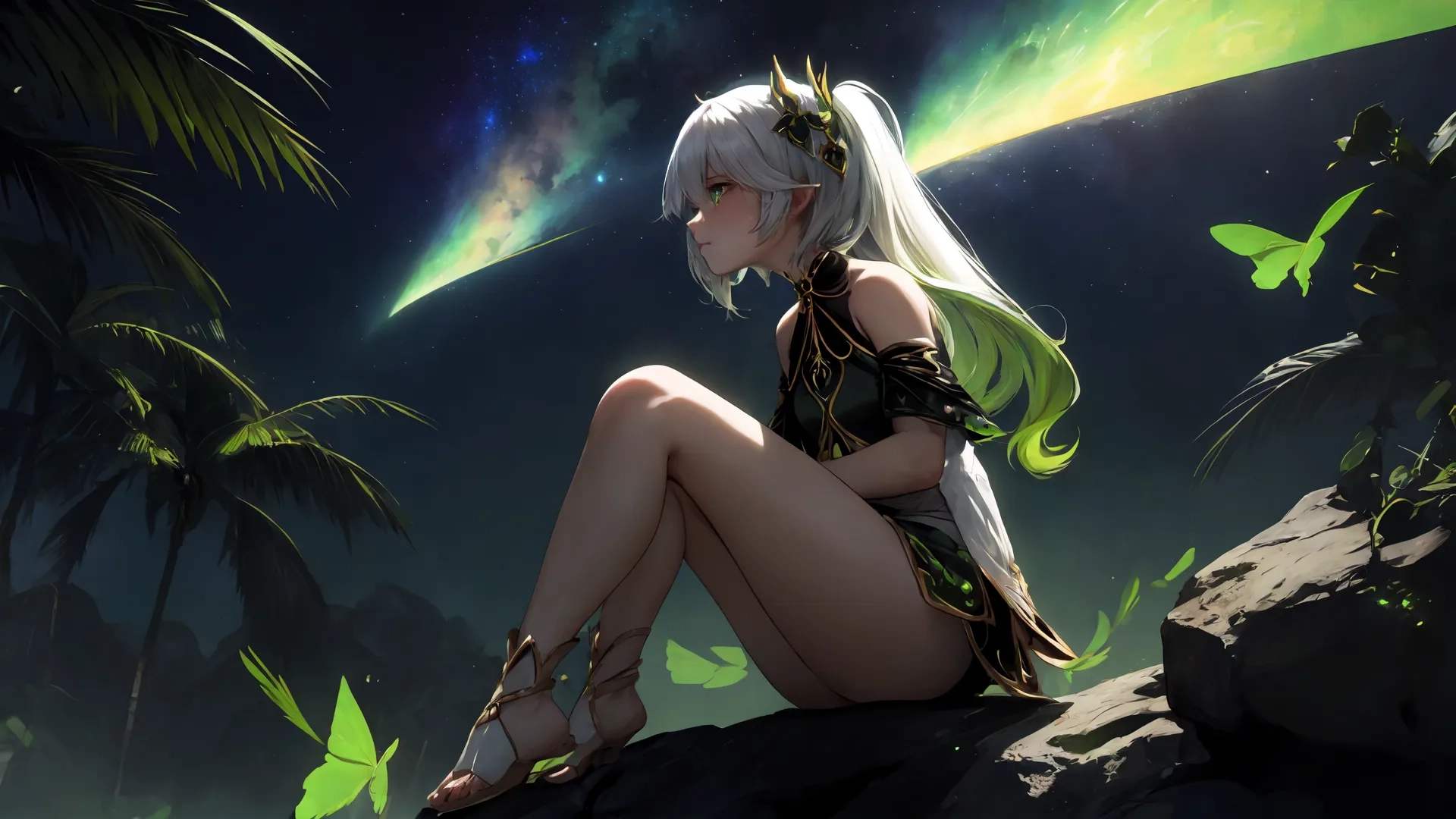 a women that is sitting on rocks by some plants and trees with a moon above her feet and her hair curled back, and holding a bow, near to her hand near her chest
