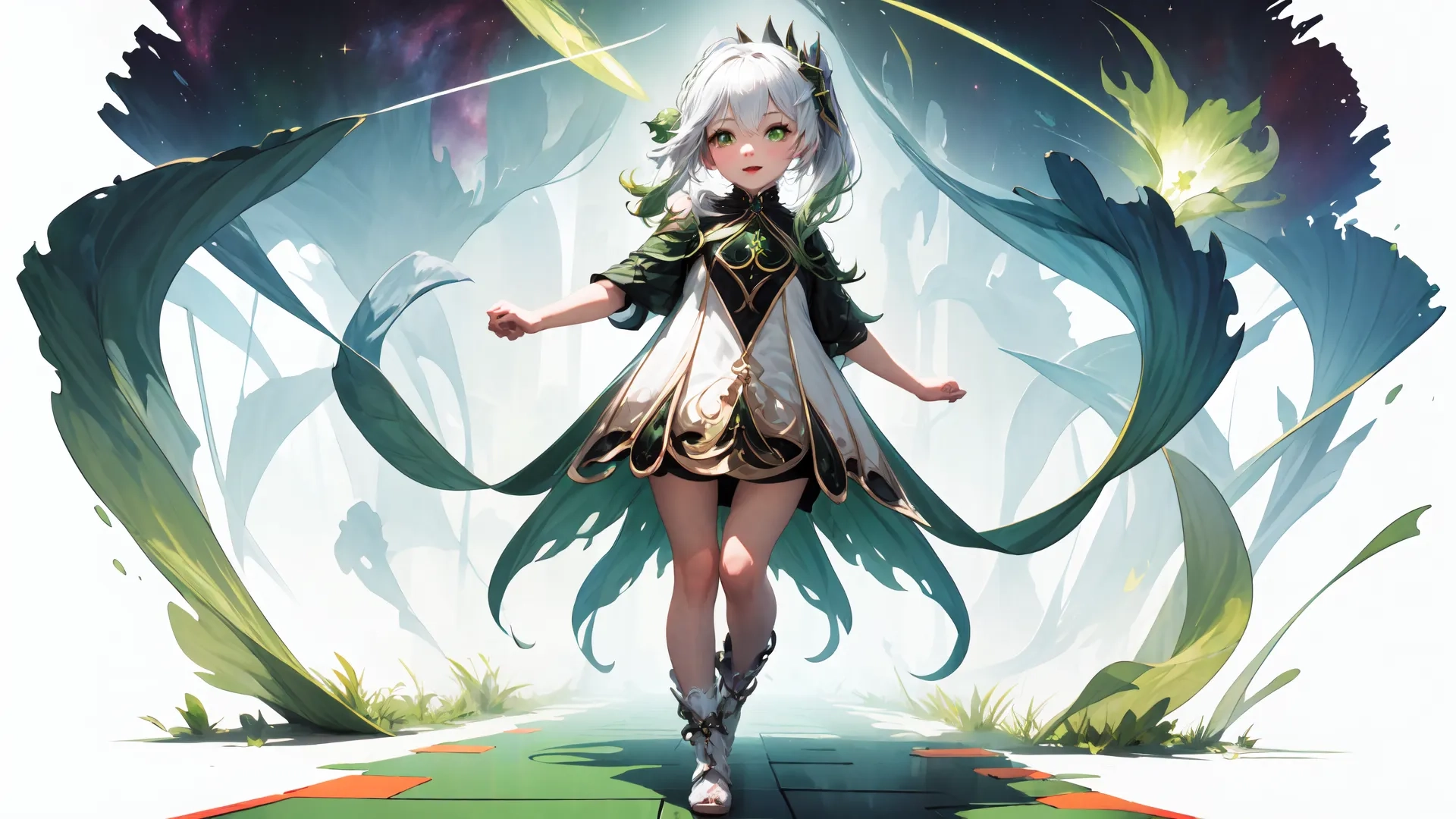 girl in a futuristic outfit holding her arm raised as she walks in front of foliage and alien sky background like scene background with grass and glowing light
