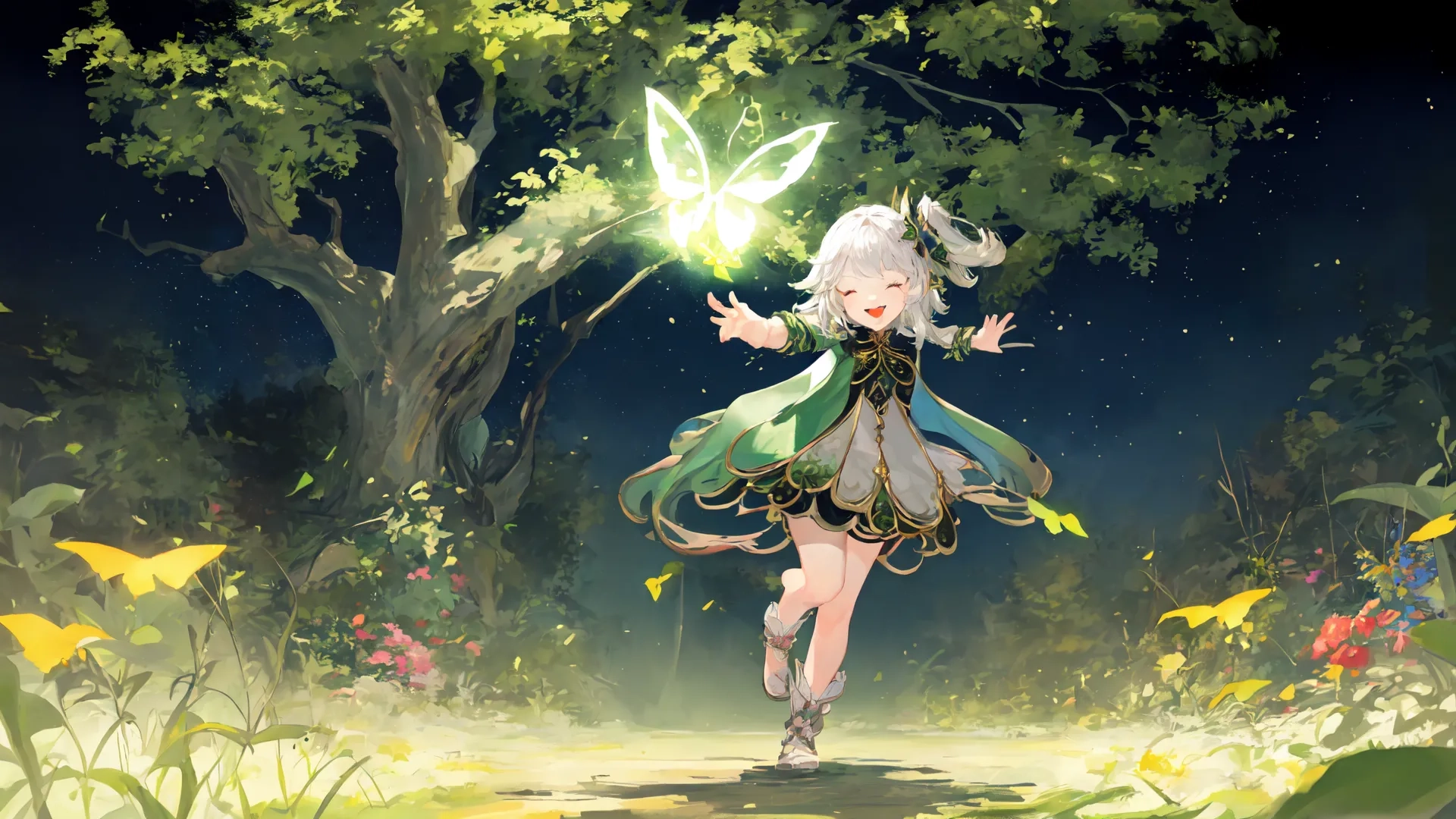the girl in this image is very cute and pretty playing with sparklers in a beautiful forest area, with all kinds of flowers all around, and leaves,
