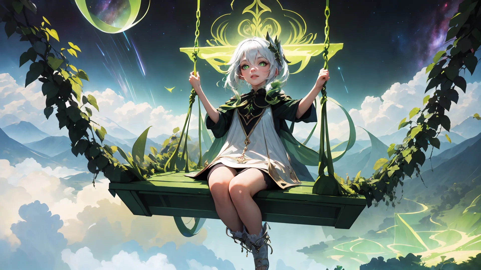 a woman who is sitting on a swing in the middle of the night in an artwork style photo shoot with a full moon in the background and sky above her
