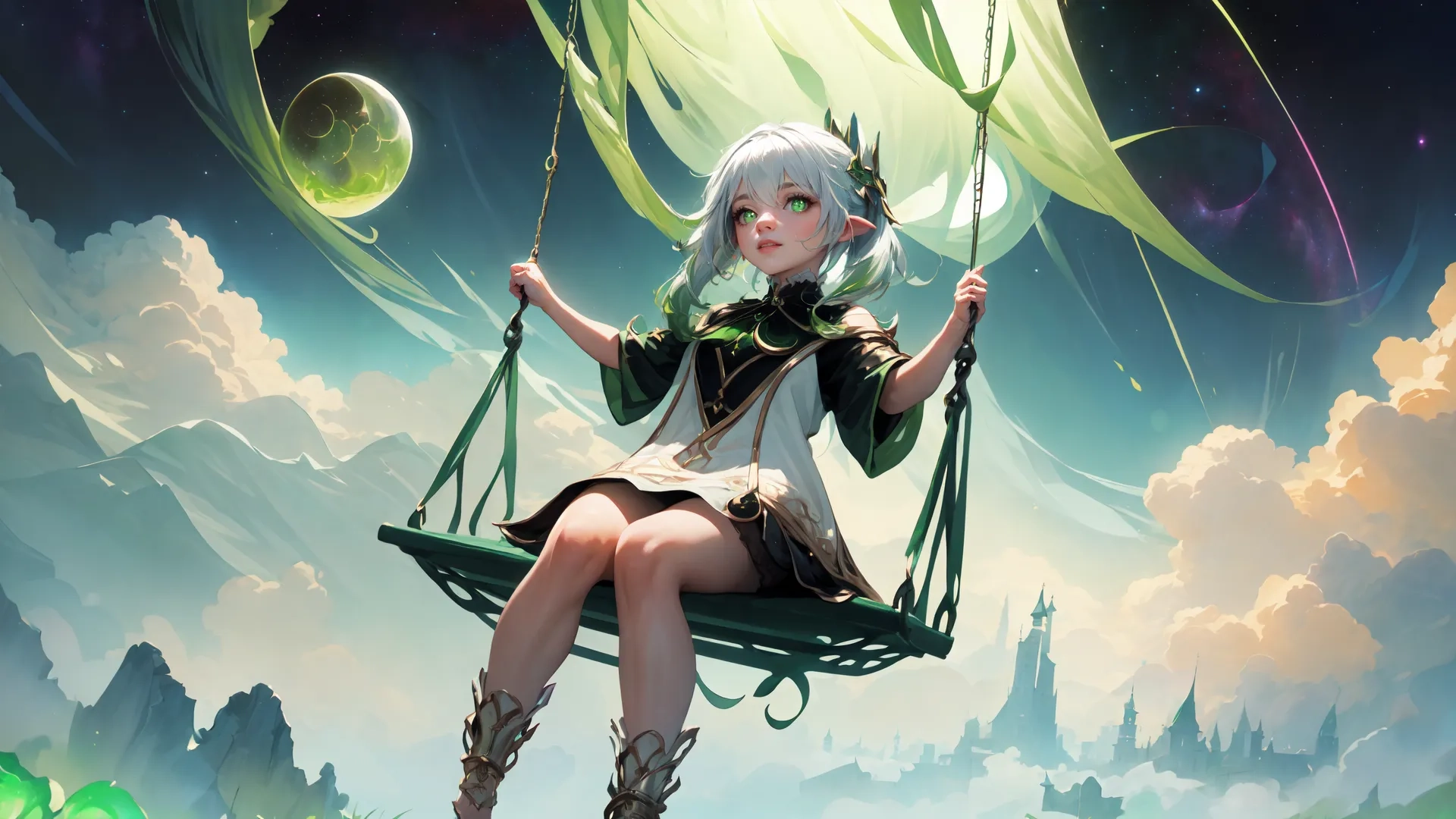 the girl is swinging on the swingside in the sky with some green and yellow stars in the background, and a few purple butterflies and blue balls floating
