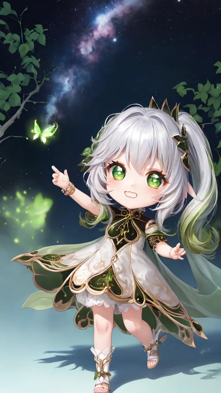 a cute anime girl reaching out to catch a green butterfly in the air as she stares at the sky with an expression on her face and green eyes
