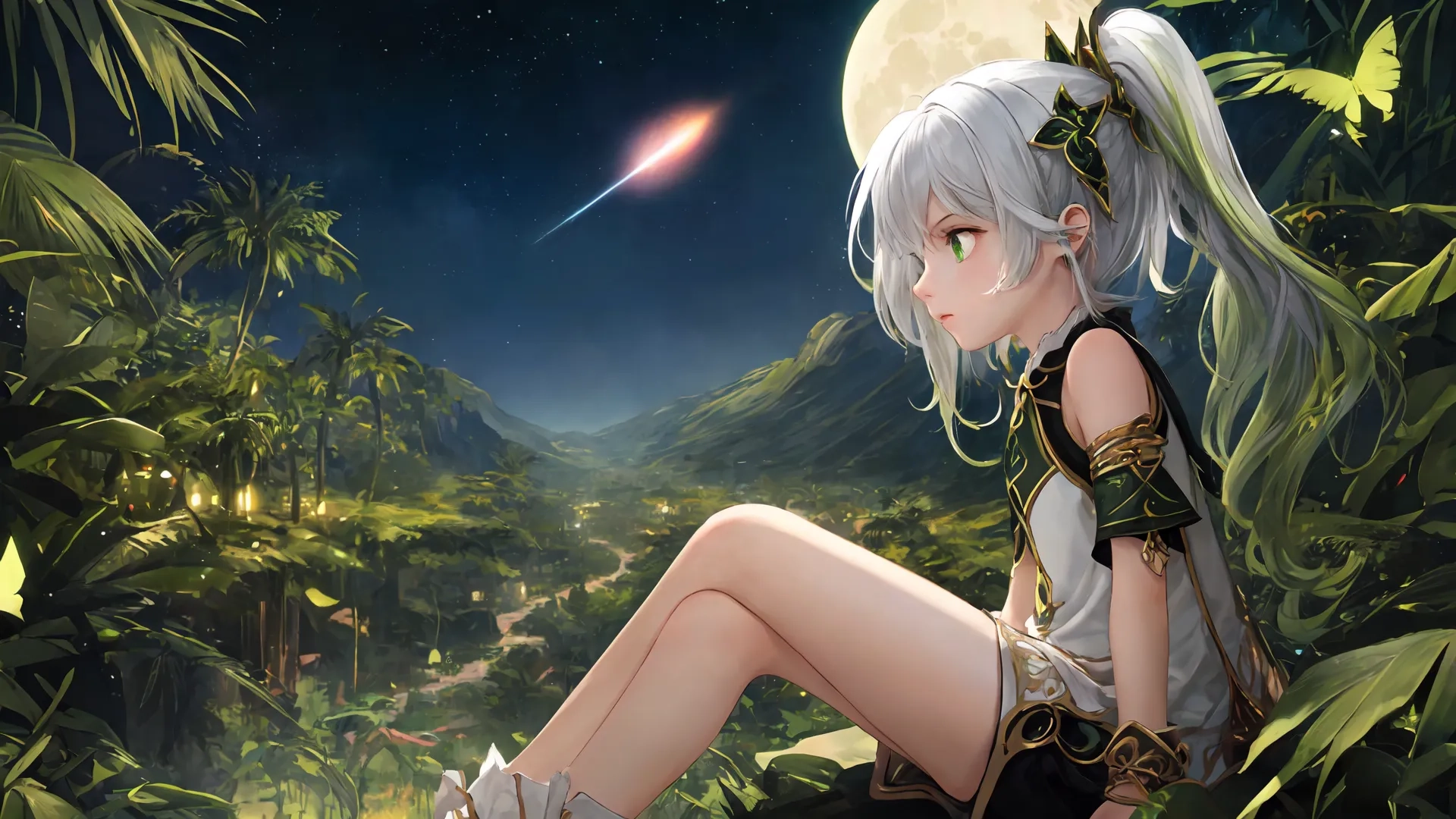 beautiful woman sitting in green tropical forest under moon lit sky with trailing rocket above her face and shoulders up to the moon - edge, looking toward the sky - like
