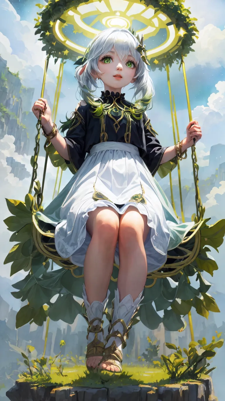 a girl is swinging in a swing by trees on the ground, with clouds overhead and a green arbor above her shoulders, as an orb, surrounded by two hands onlocated trees, which are circular
