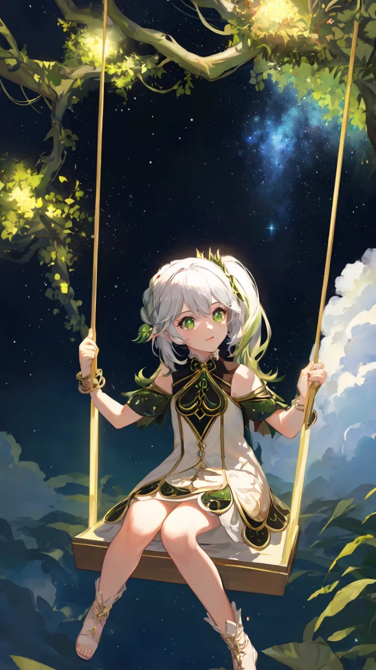 girl on swing under night sky with moon and green tree branches, anime, digital background jpf _ 005202 - 11 by kiso
