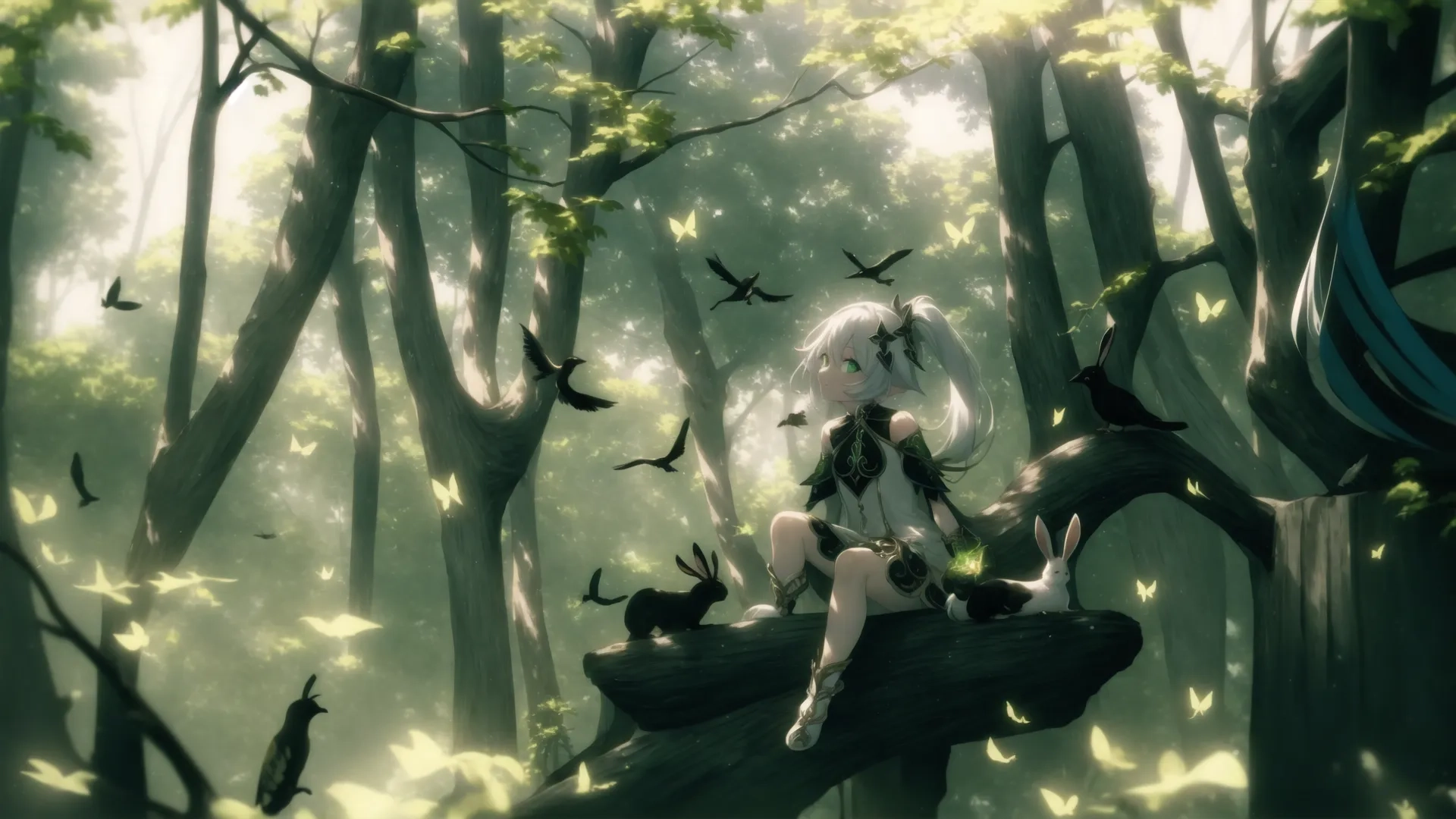 an anime girl sitting on a fallen tree branch with flying birds behind her and some black crows around her in the foreground and trees at the background
