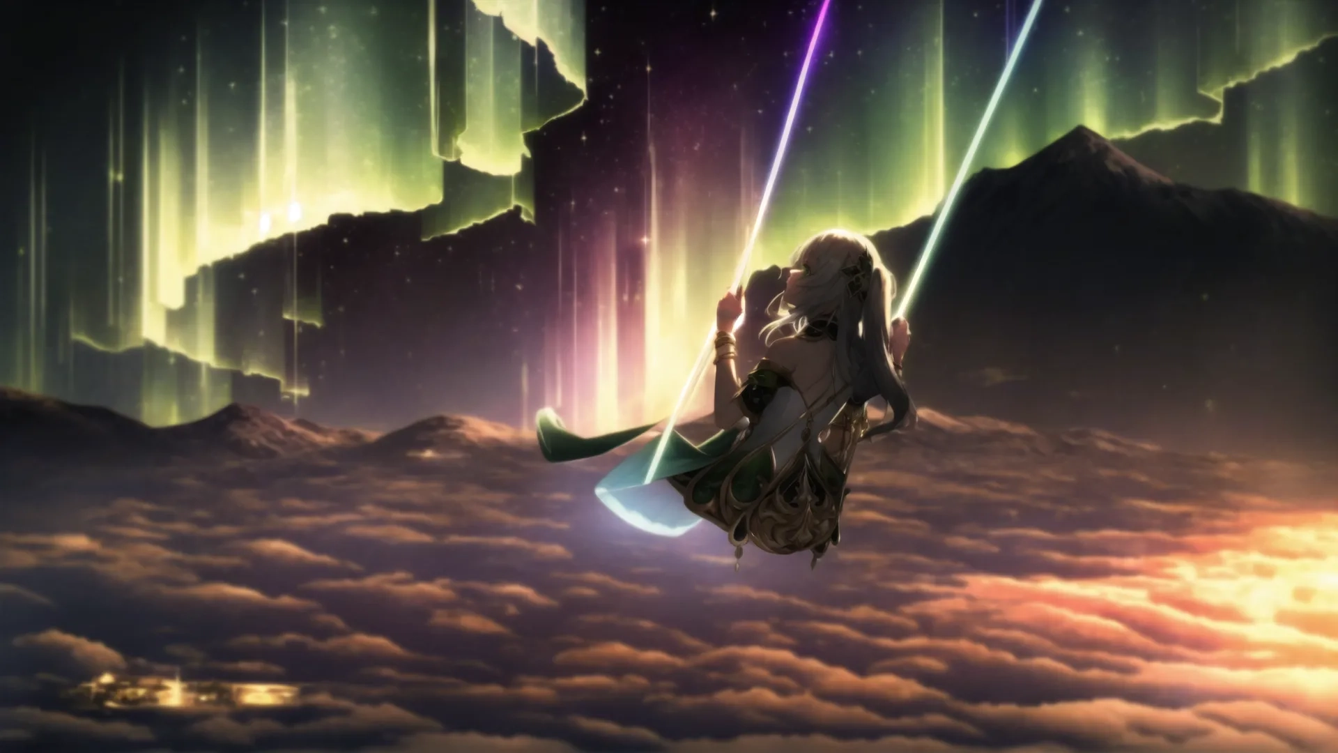 an anime man and woman riding on an aurora light in the sky beside aurora lights with green beams between them behind them while over bright clouds, there are neon sky
