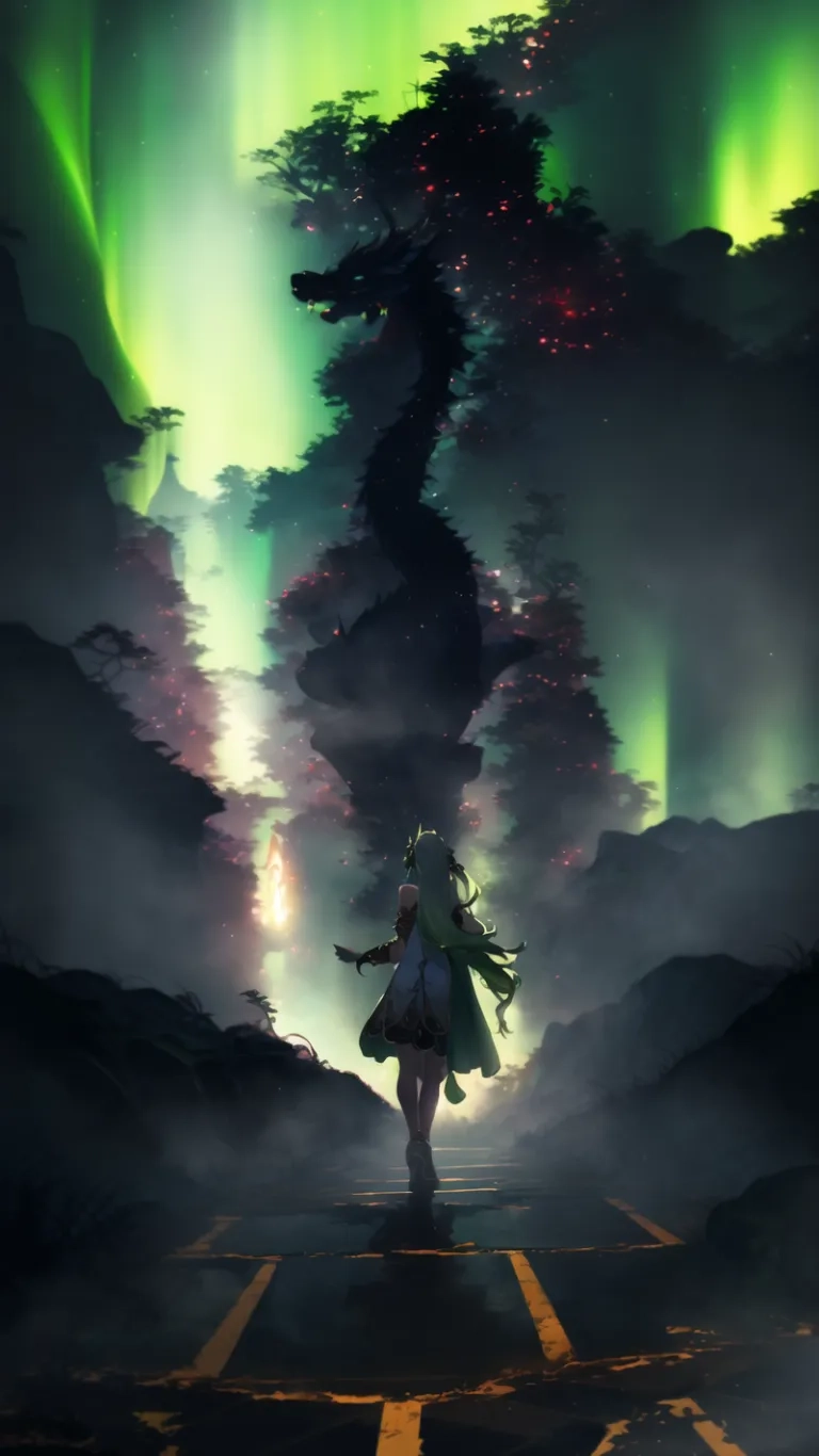 a girl standing in the air with aurora lights above her and a large, spookish fog covering a path next to her on a road
