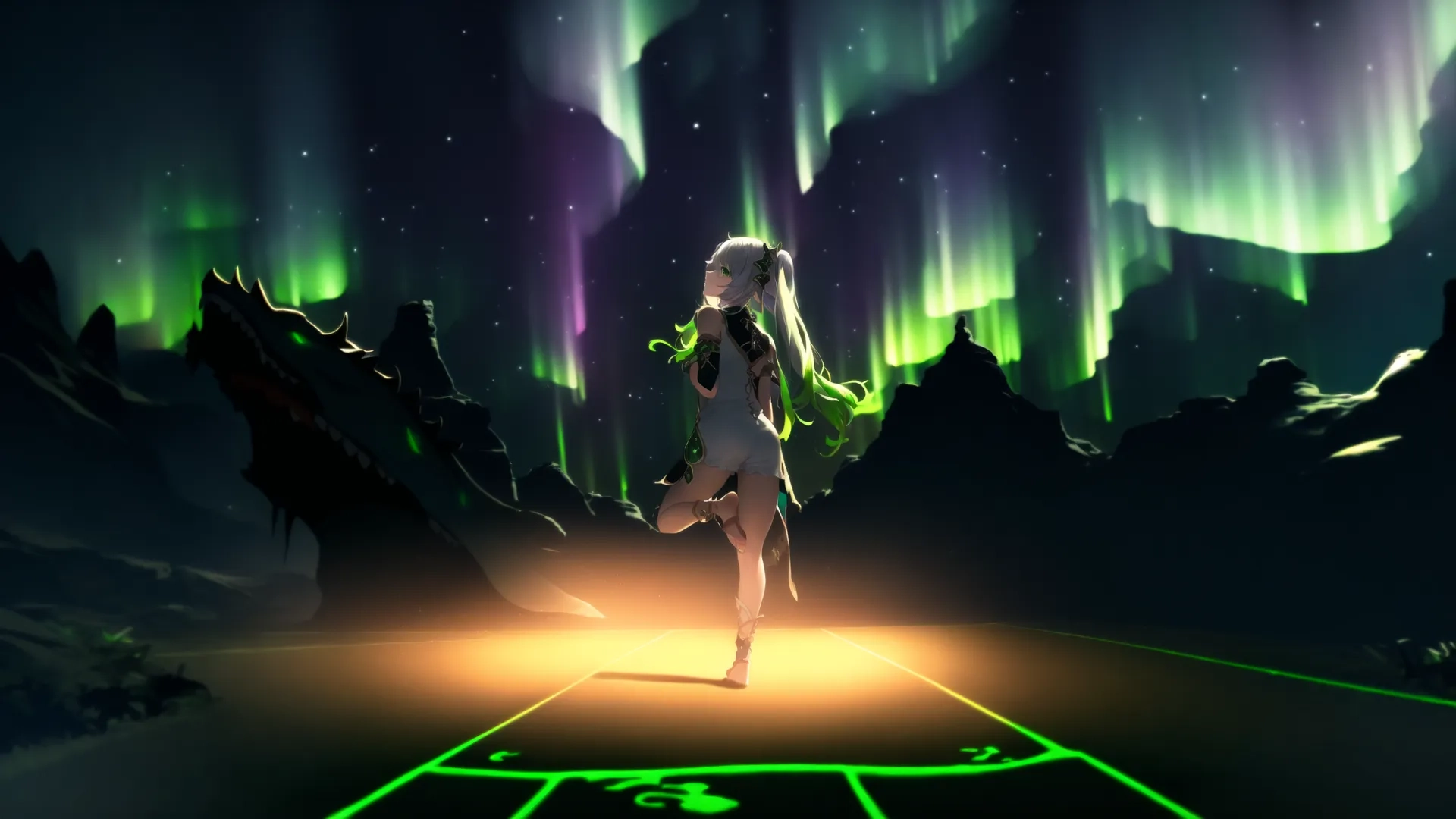 an image of a girl that is chasing with her hand in her pockets and standing at the road between the lights from the green lights up to the sky
