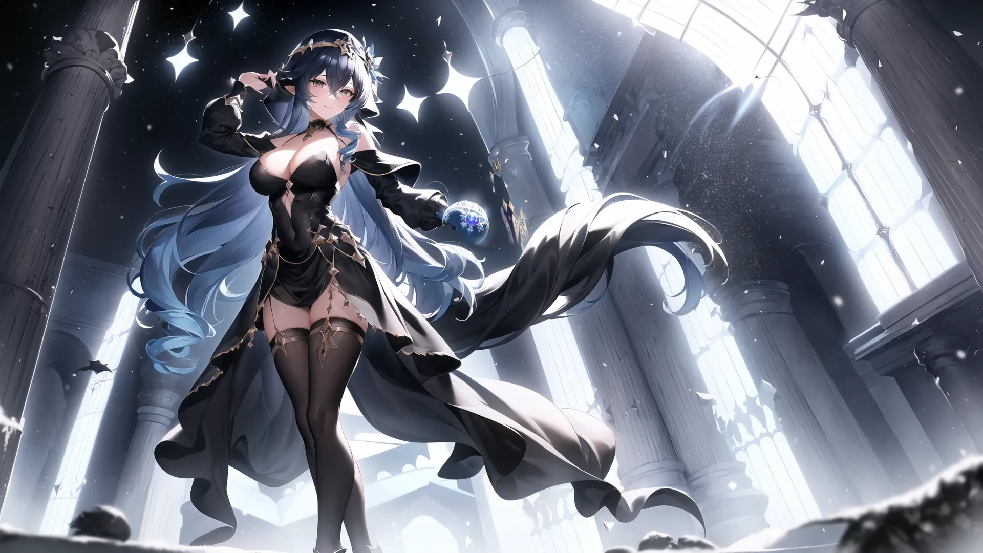a female anime character wearing a long dress in the corner of columns of a church with a huge light streaming out from behind her head and stars
