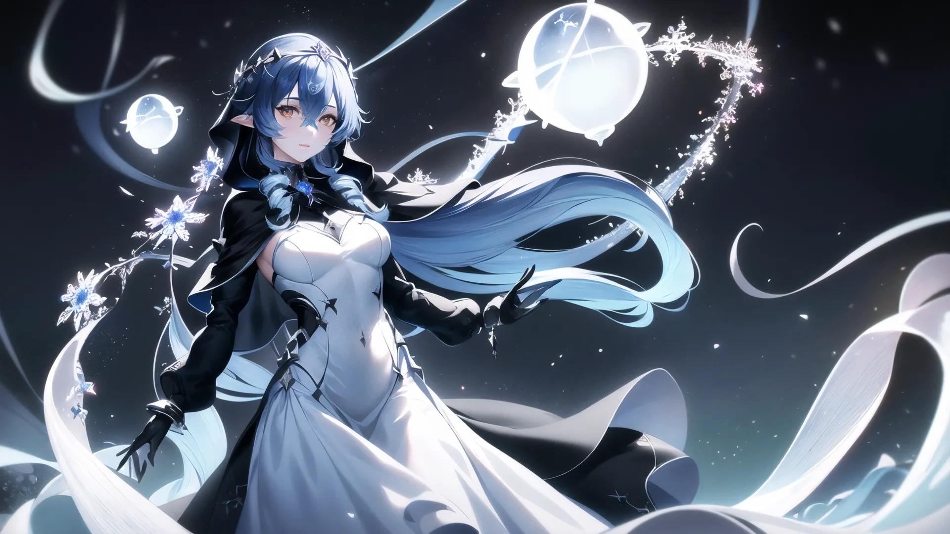 a woman is dressed in long blue and white hair and blowing with sparklers around her feet, she has dark eyes and black, and has black hair
